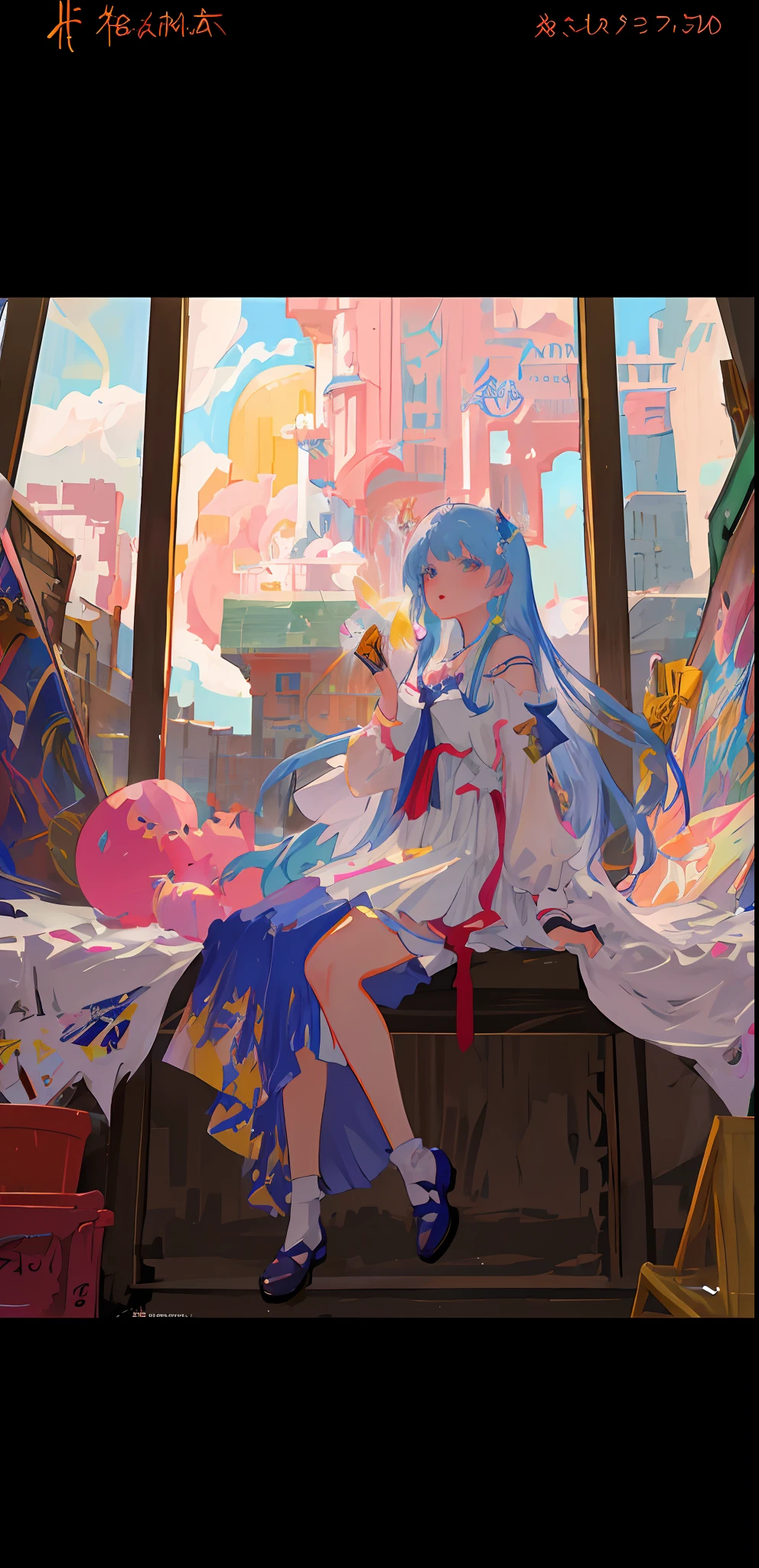 "Ethereal anime, 8K high-quality painting in extreme detail, depicting a girl in a long dress on the windowsill, who seems to travel through the Guvez style paintings on the art station to become a beautiful fantasy queen. The combination of digital art and anime fantasy illustration on Pixiv perfectly interprets the artistic charm of Guvez's masterpiece. "