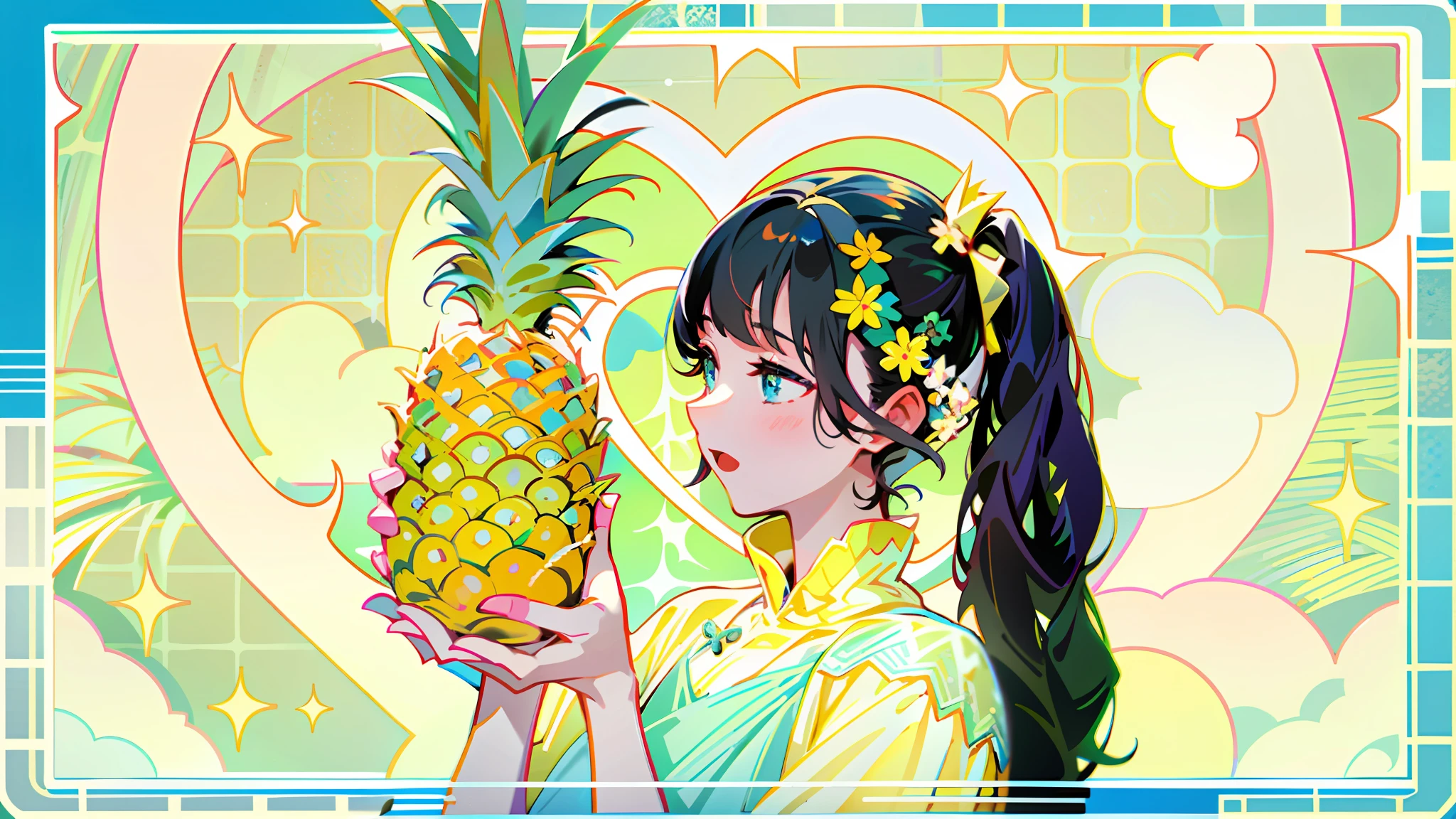 There is a girl holding a pineapple in her hand, pineapple, love movie, cute: 2, cute aesthetic, black hair