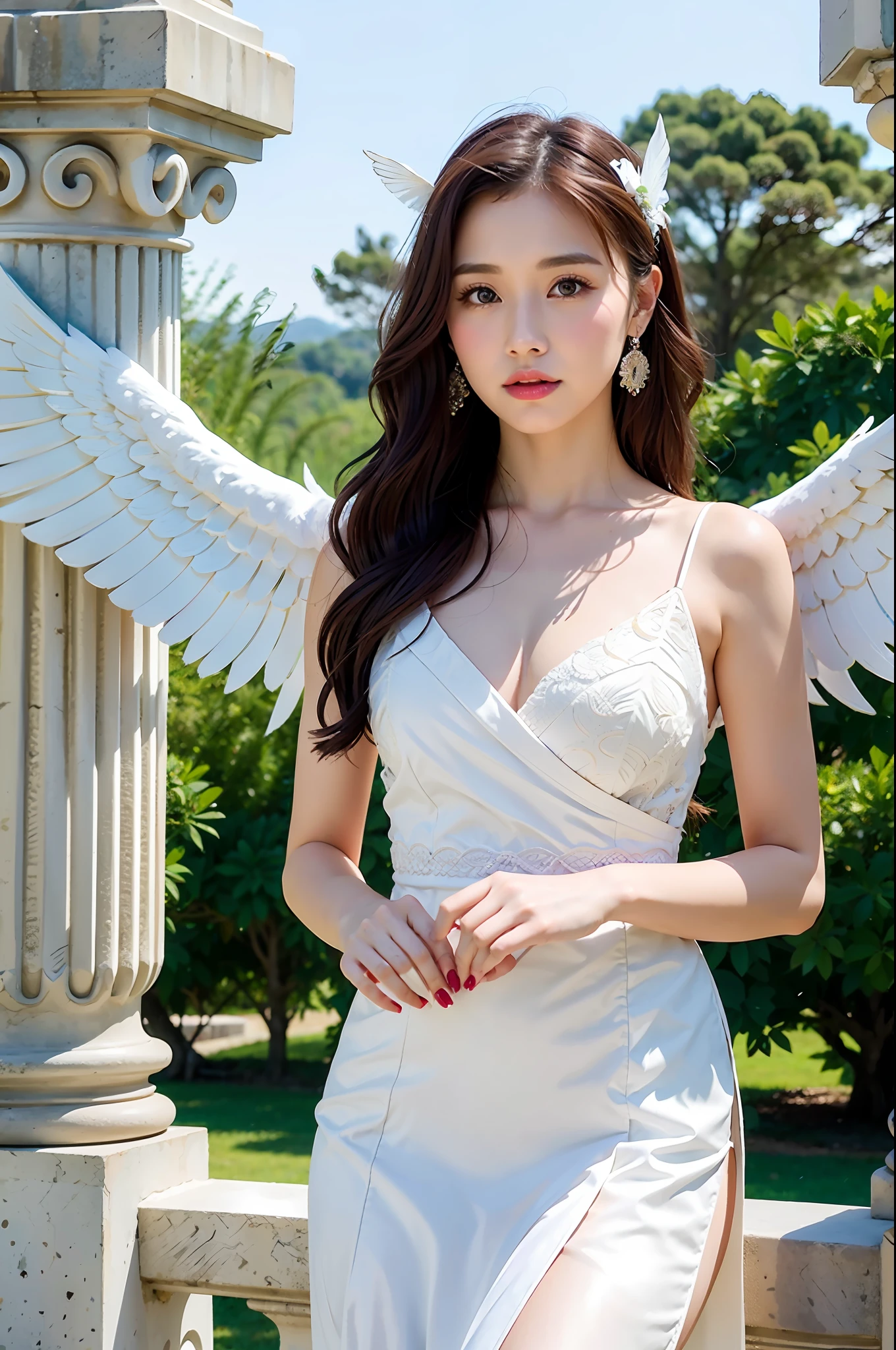 Dressed up with winged cute angel, wearing a beautiful garland on the head, symmetrical white feather material simulation of huge wings, exquisite details, portrait, breasts, outdoors, ancient buildings, tall stone pillars, stone railings, a 25-year-old woman named Yiping in the ancient castle: 2, eyes looking at the camera, natural expression, posture do not stiff, curly wavy long hair, white dress long dress, the same character, various poses, different angles, rich skin details: 1.5,