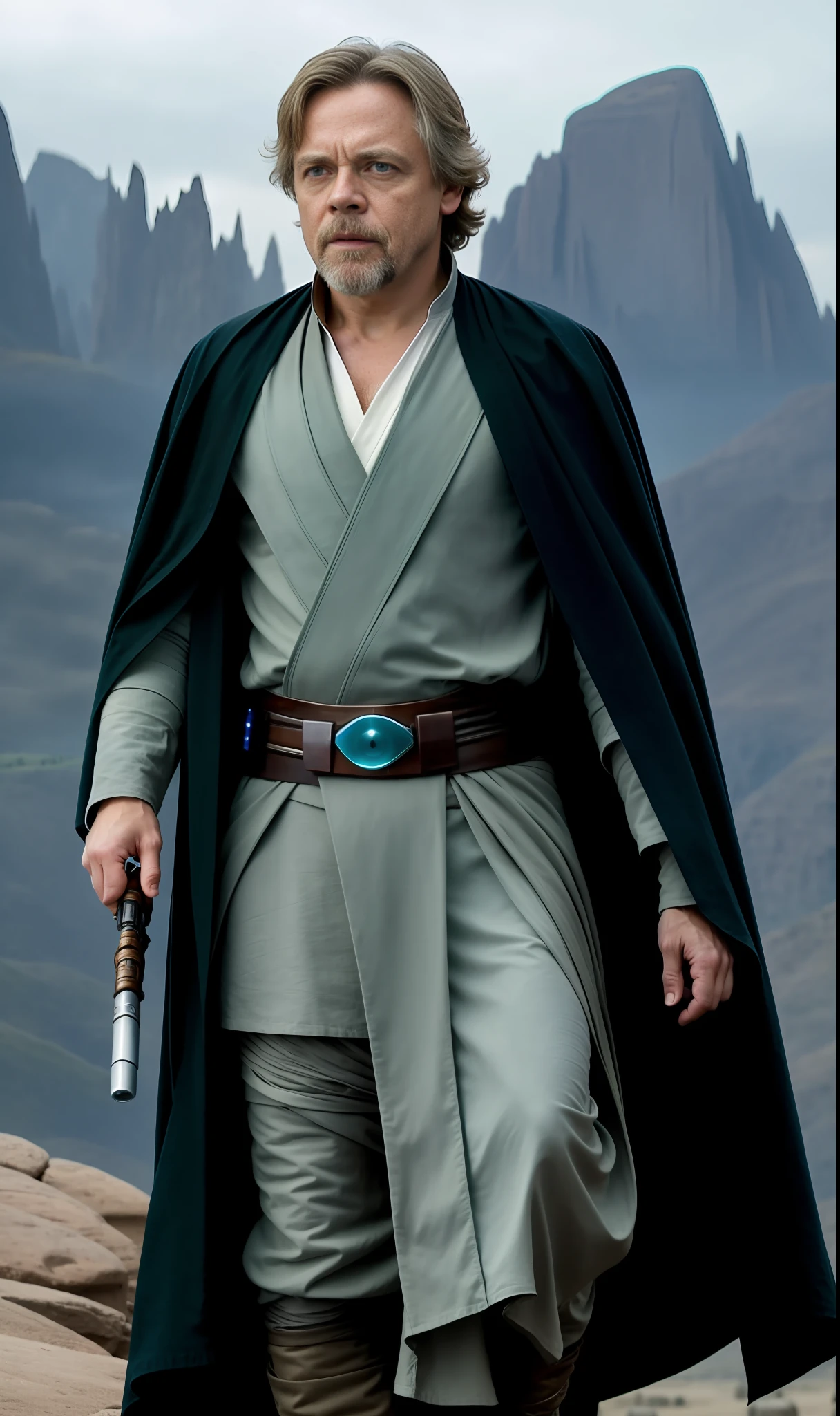 Jedi Luke Skylwalker played by Mark Hamill, cinematic,full body, Hyperdetailed, realistic,8k,38mm, movie scene