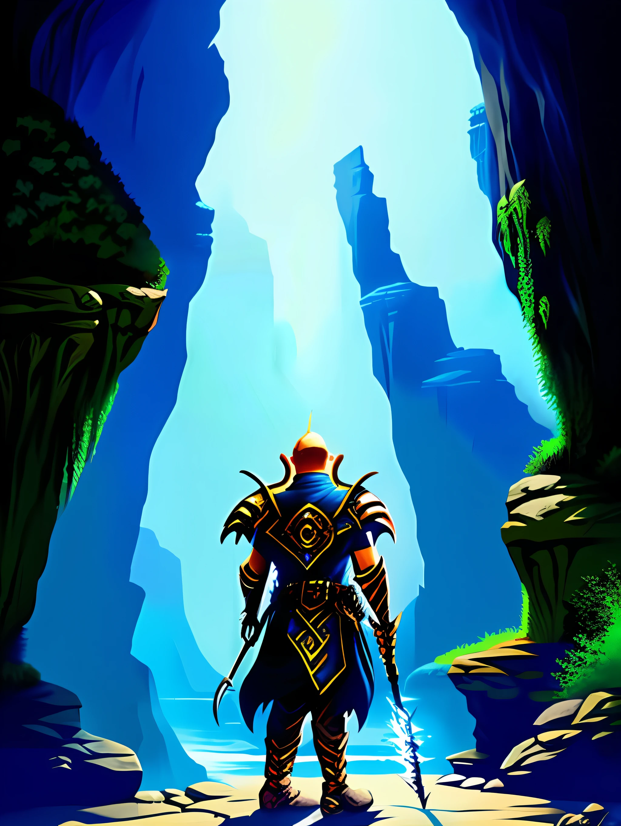 Draw a security guard with a truncheon through the cave, symmetrical epic fantasy art, epic fantasy illustration, fantasy genre portrait, epic fantasy card game art, realistic fantasy illustration, epic fantasy novel cover art, epic fantasy digital art style, fantasy card game art, epic fantasy art art, epic fantasy card game art, epic fantasy art style, epic fantasy science fiction illustration