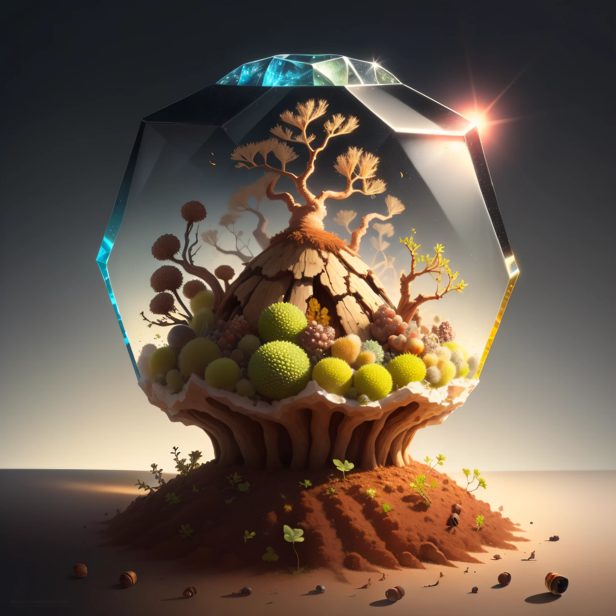 an anthill with plants, soil, acorns, fruits inside a clear crystal, realistic, hd
