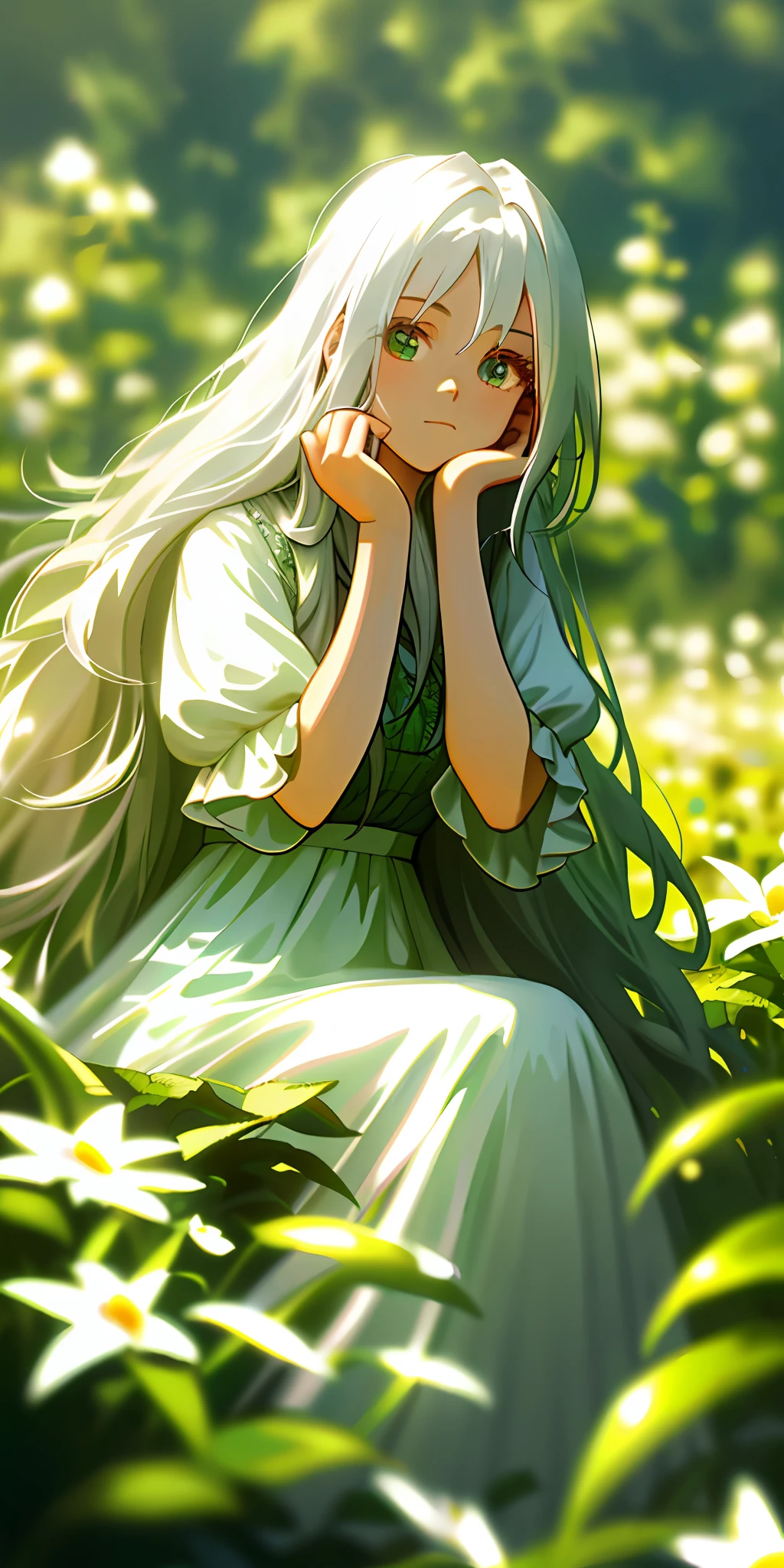 (masterpiece, best quality),1girl with long white hair sitting in a field of green plants and flowers, her hand under her chin, warm lighting, white dress, blurry foreground