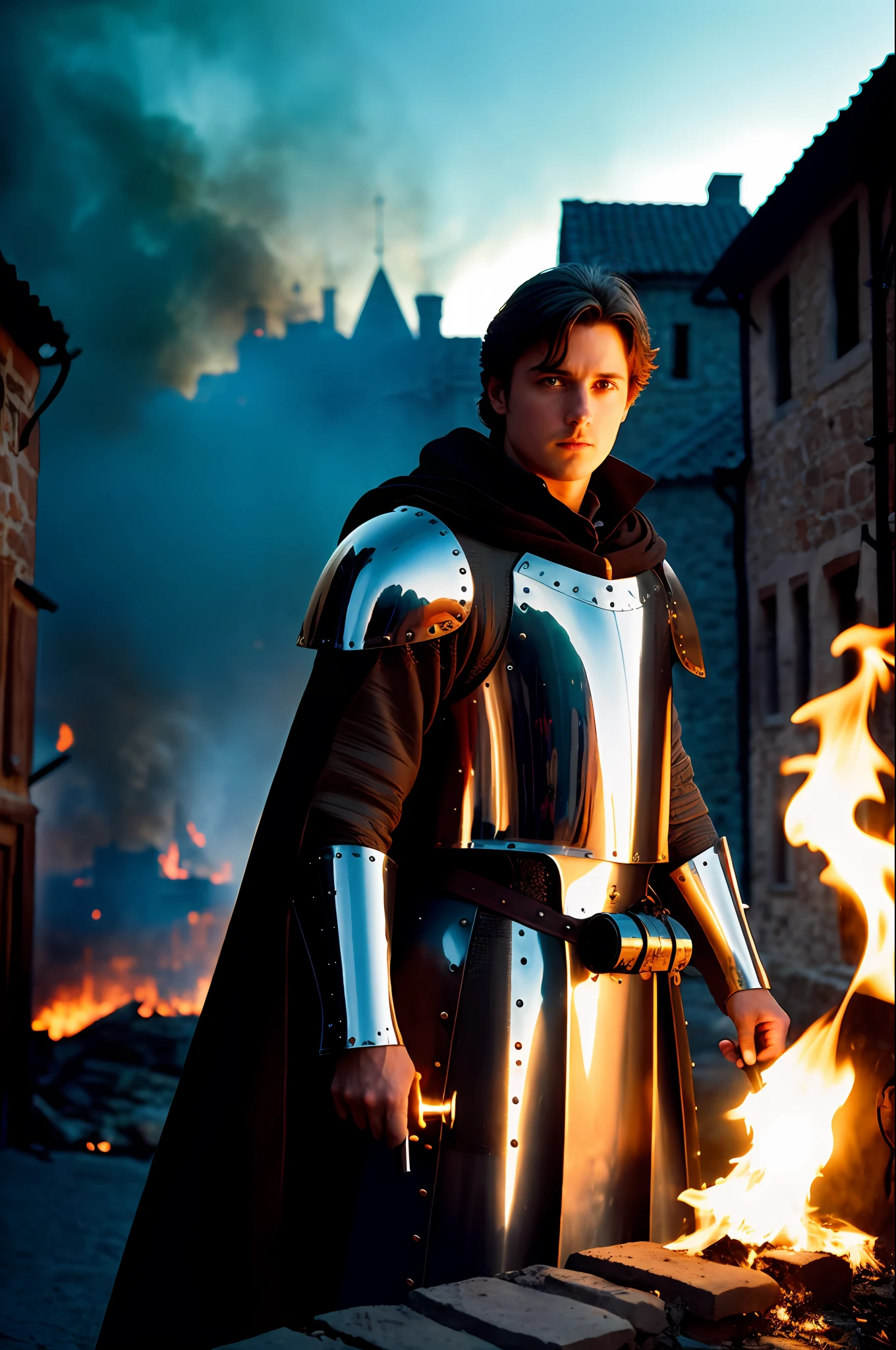a medieval gentleman in silver armor, in position of attack, background a medieval village with great flames and fire being destroyed, determined expression, subsurface dispersion, (sharp: 0.7) , [(dark colors: 1.21):: 0.05], incredible fine details, film photography Nikon D850 Kodak Portra 400 camera f1.6 lens, rich colors, realistic texture, dramatic lighting, urban environment, dynamic composition,  trend in ArtStation, cinestill 800 tungsten