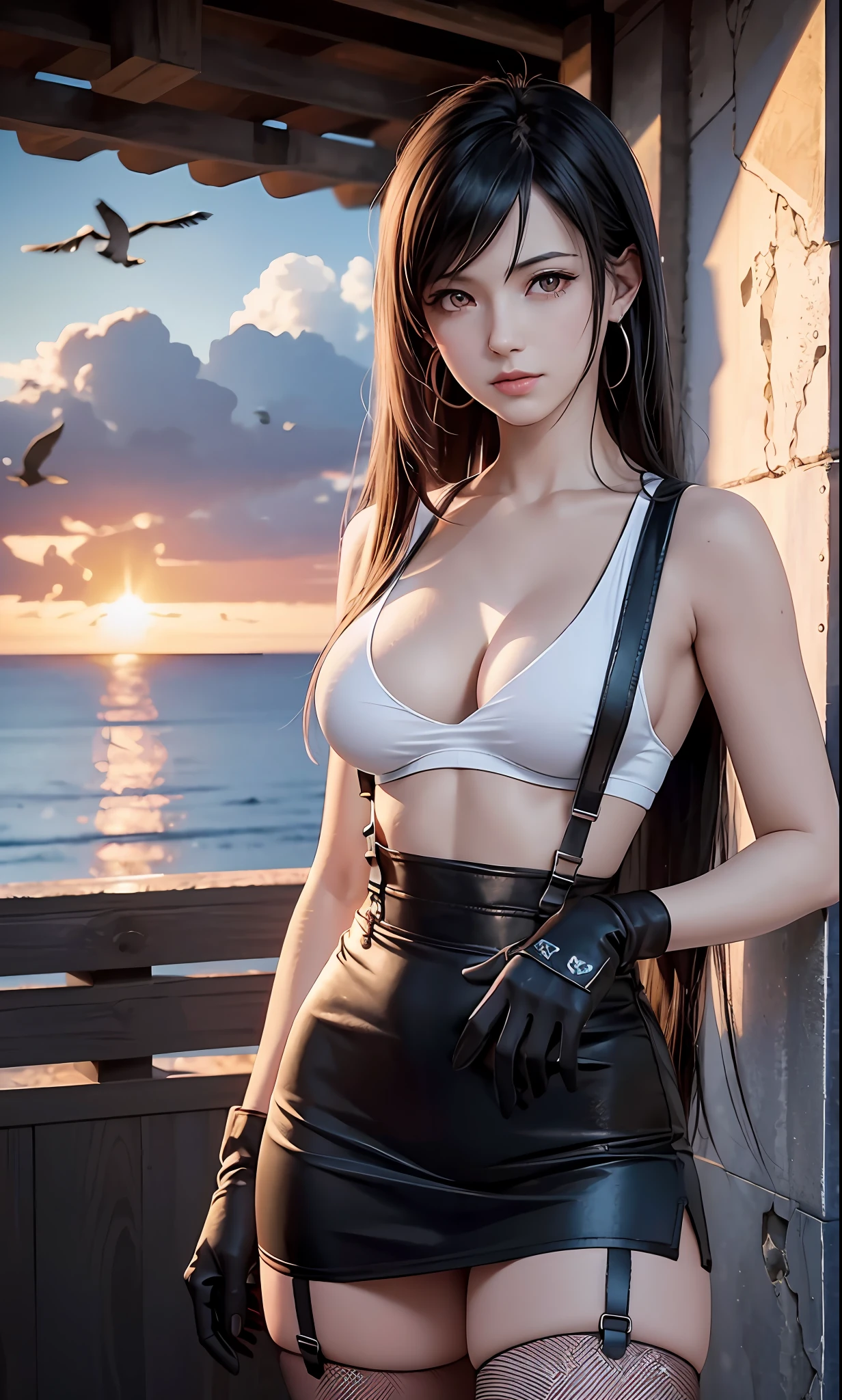 Tifa lockhart, tifa_lockhart,  ff7, sultry face, (white tank top:1.2), black miniskirt, (black long hair), hair bangs (red eyes:1.3) long eyelashes, beautiful red eyes with brightness, surrealism, shadow, stereogram, (photorealistic, realistic: 1.2), POV, atmospheric perspective, cinematic lighting, ray tracing, 8k, super detail, best quality, masterpiece, well detailed, (Canan EOS R6, 135mm, 1/1250s, f/2.8, ISO 400:0.9), in a vast field that reaches the sea in the background, sunset sky, birds flying in the sky, (medium perky breasts:1.5) red combat gloves, suspenders, fishnet stockings, teardrop earings,