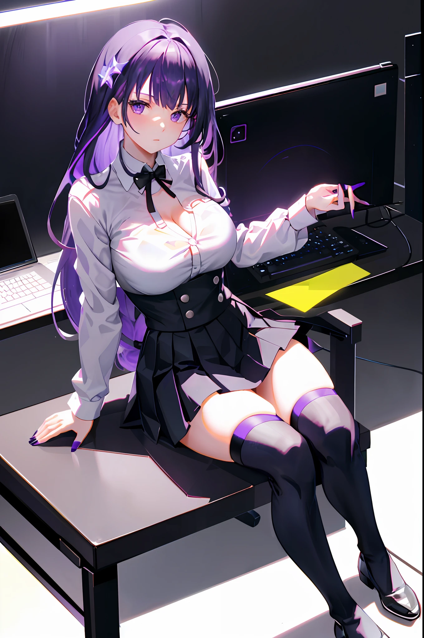 Raiden, 1girl, solo, ((white shirt)), black thighhighs, breasts, cleavage, uniform, office background, black skirt, pleated skirt, office, hair between eyes, hair ornament, large breasts, long hair, looking at viewer, purple hair, purple nails, purple eyes, solo, thighhighs, thighs, very long hair, ((masterpiece)), sitting, chair, desk, computer on desk, name tag, id tag, indoor, hair ornament,