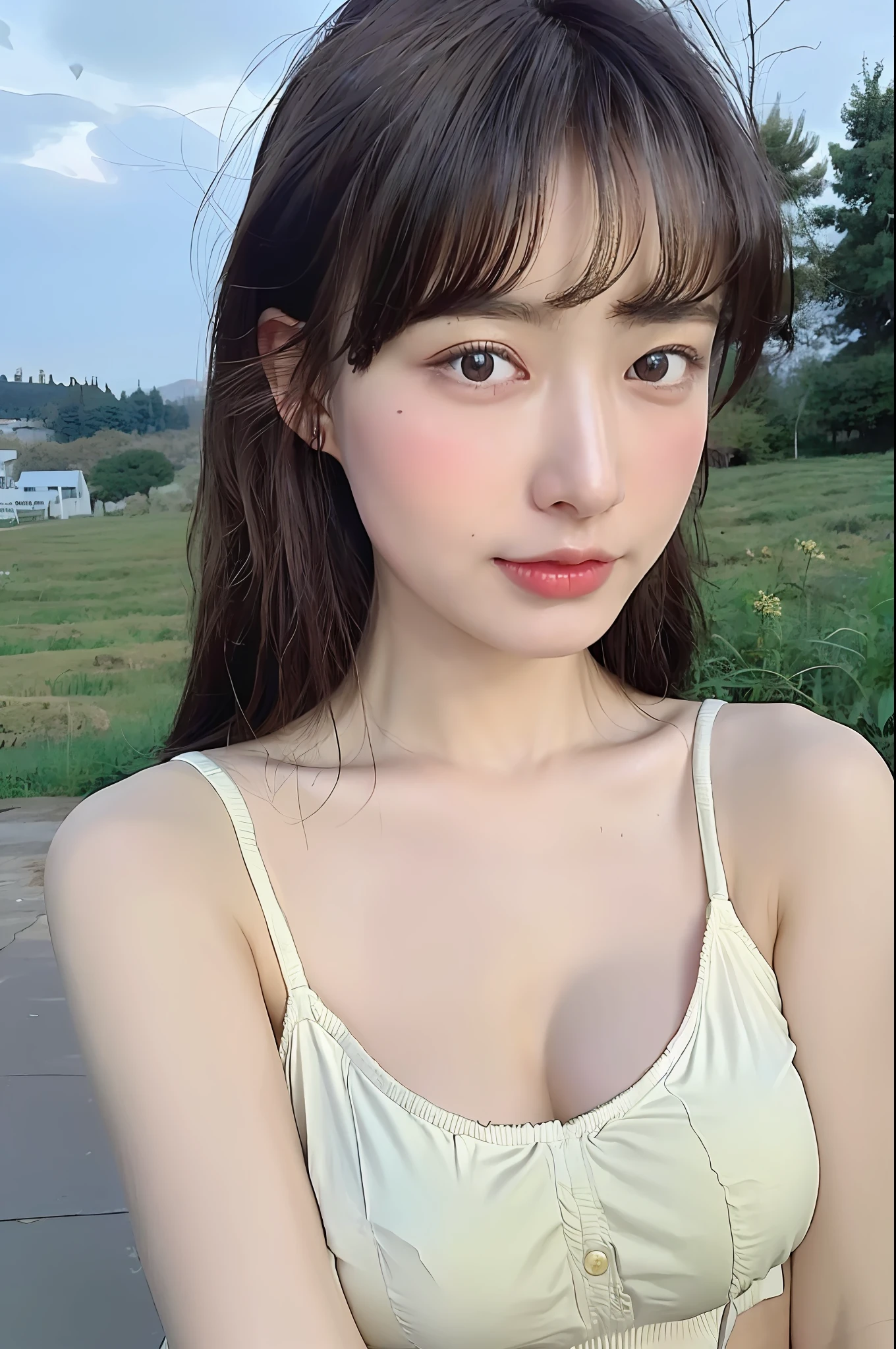 ((Midnight, Best Quality, 8K, Masterpiece: 1.3)), Upper body, C-cup breasts, Clear focus: 1.2, Beautiful woman with perfect figure: 1.4, Slim abs: 1.1, (dark brown hair)), White camisole shorts, countryside view Battle, Very detailed face and skin texture, Delicate eyes, Double eyelids