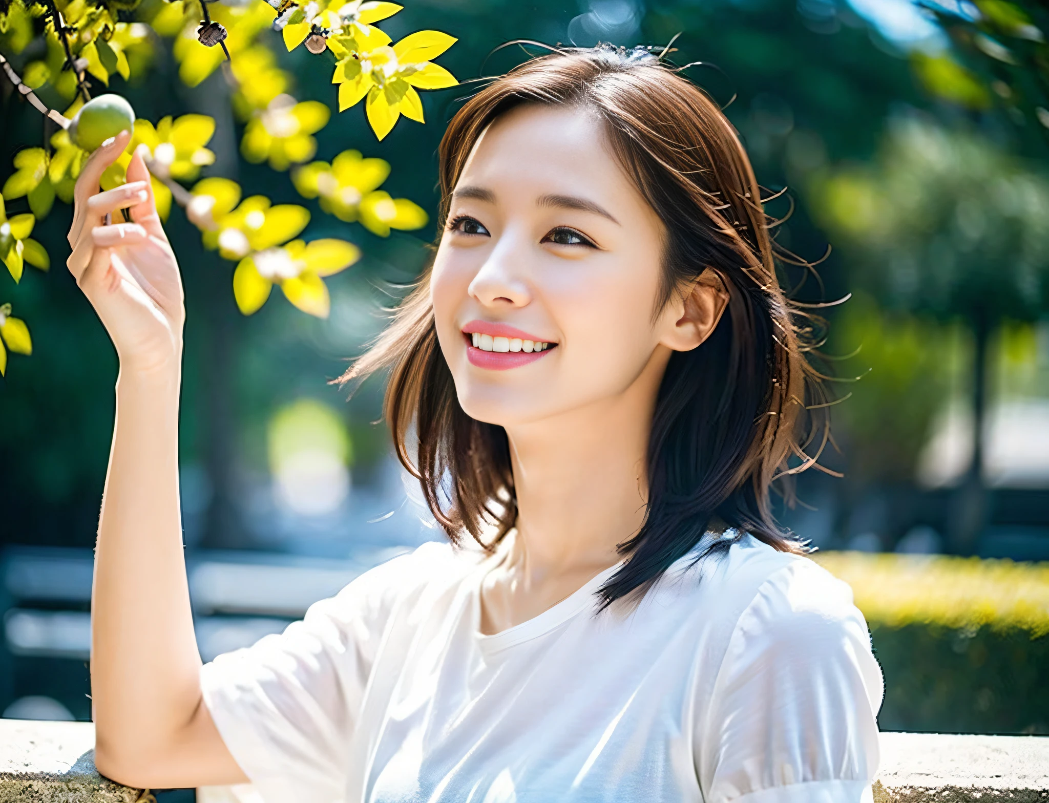 ((Best Quality)), ((Masterpiece)), (Details: 1.4), Low angle capture of Japan women standing against blue sky and sunlight. She is smiling and in a dynamic pose, raising her arms and deflecting her body. The sun is high and bright, casting a warm golden light on the scene. The woman is wearing a white T-shirt, her shoulders are visible. Her face is partially obscured by the shadow of her raised arm. Images should be very realistic, highly detailed, and 16k with high resolution. Use a Canon EOS 5D Mark IV DSLR camera and an EF 50mm f/1.8 STM lens. You need to have an ISO sensitivity of about 100 to capture bright sunlight and a shutter speed of 1/125 to freeze the moment. The aperture should be set to f / 8 and have a soft blur on the background to give the woman a clear focus. The composition should be medium shot, capturing a woman from the waist up. The color palette should be warm and vibrant, reflecting the heat of the day