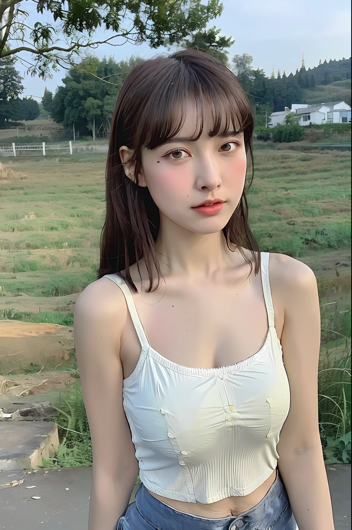 ((Midnight, Best Quality, 8K, Masterpiece: 1.3)), Upper body, C-cup breasts, Clear focus: 1.2, Beautiful woman with perfect figure: 1.4, Slim abs: 1.1, (dark brown hair)), White camisole shorts, countryside view Battle, Very detailed face and skin texture, Delicate eyes, Double eyelids