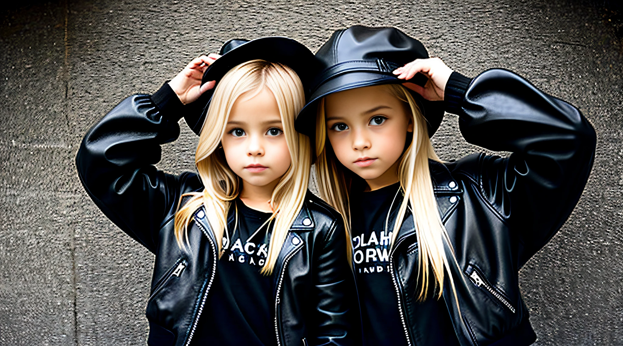 blonde  girls WITH STRAIGHT HAIR, FIRE BACKGROUND, BLACK LEATHER JACKET AND BLACK CLOTHING.