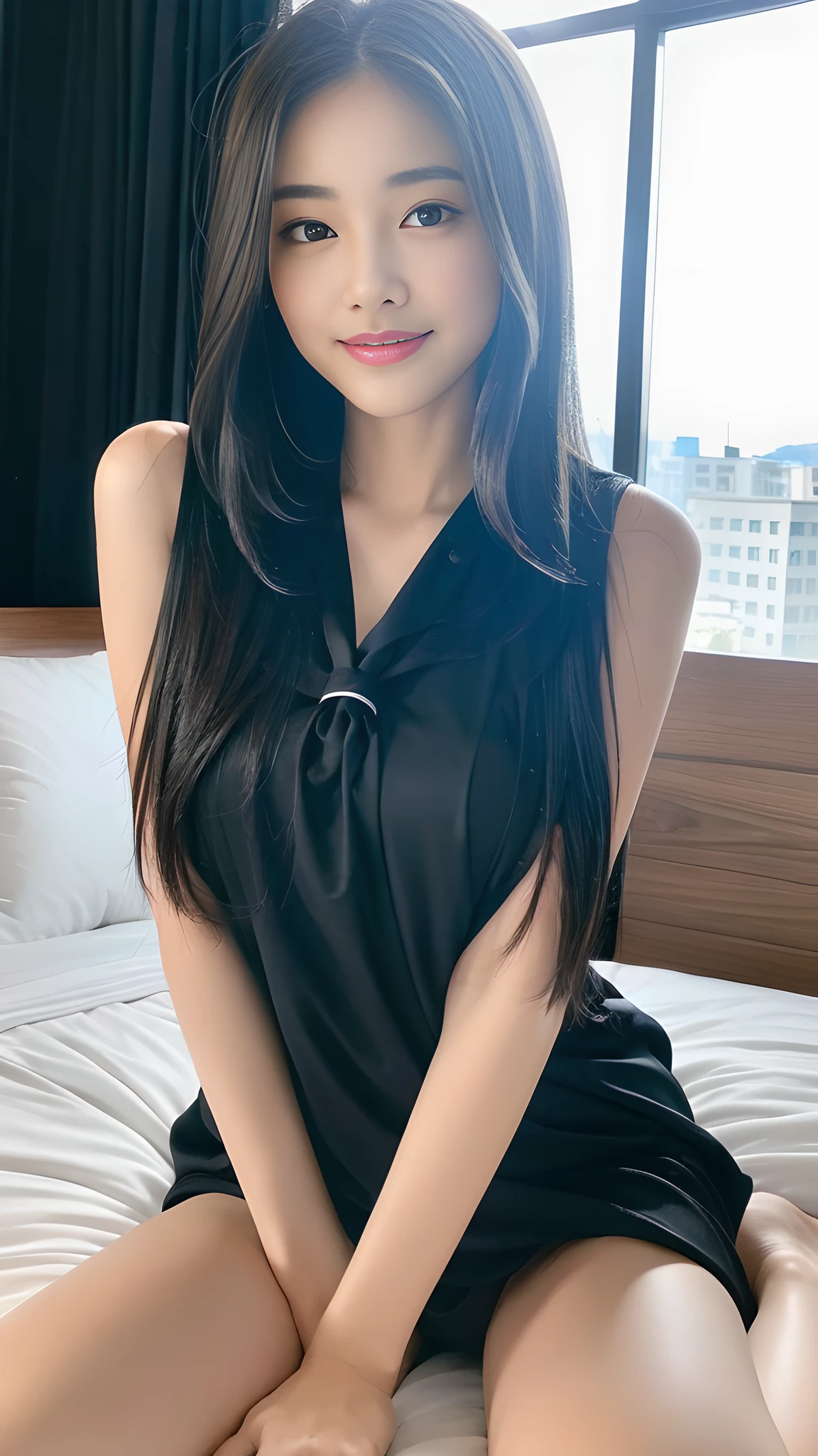 ((Best Quality, 8K, Masterpiece:1.3)), A beautiful girl, pure, melon face, gentle and cute, sweet smile, pure desire, thin body, (frontal), (tilted head), looking directly at the camera, uniform, obi, formal, black silky long straight hair, long hair flowing over the shoulders, round black big eyes, clear big eyes, moist red lips, sweet, sitting on the bed, window background,