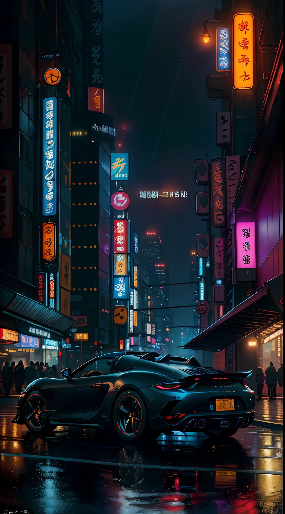 ((best quality)), ((masterpiece)), ((surreal)), ((night)), Jim Lee's majestic detail soft oil painting, beautiful neon cyberpunk Tokyo, reflection, rain, crowded sci-fi city streets, futuristic car, night, metal, neon edge lighting, people, umbrella, professional, (( skyscraper 1.5), deep shadow, masterpiece, realistic, roughness, ultra-realistic, shot on canon EOS R5, 50mm lens, f/2.8, HDR, 8k resolution, High resolution, high detail, sharp focus, smoothness, roughness, real life, realism, photography, 8k ultra hd, (Porsche Roadster) 1.5