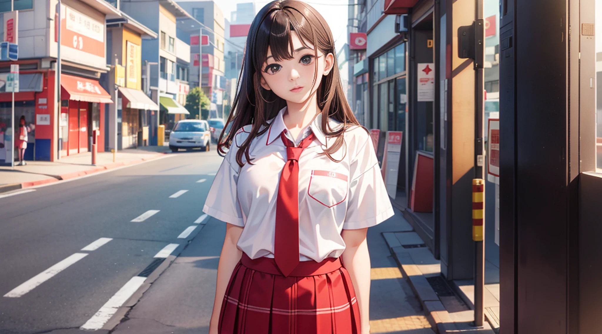 Young girl in red tie and white shirt, full body photo, Japan person's facial features, surreal schoolgirl, Chiho, hyper realistic schoolgirl, girl cute-fine face, transparent lips and high quality, Ayaka, Sari, Yui Kotegawa, Shikamimi