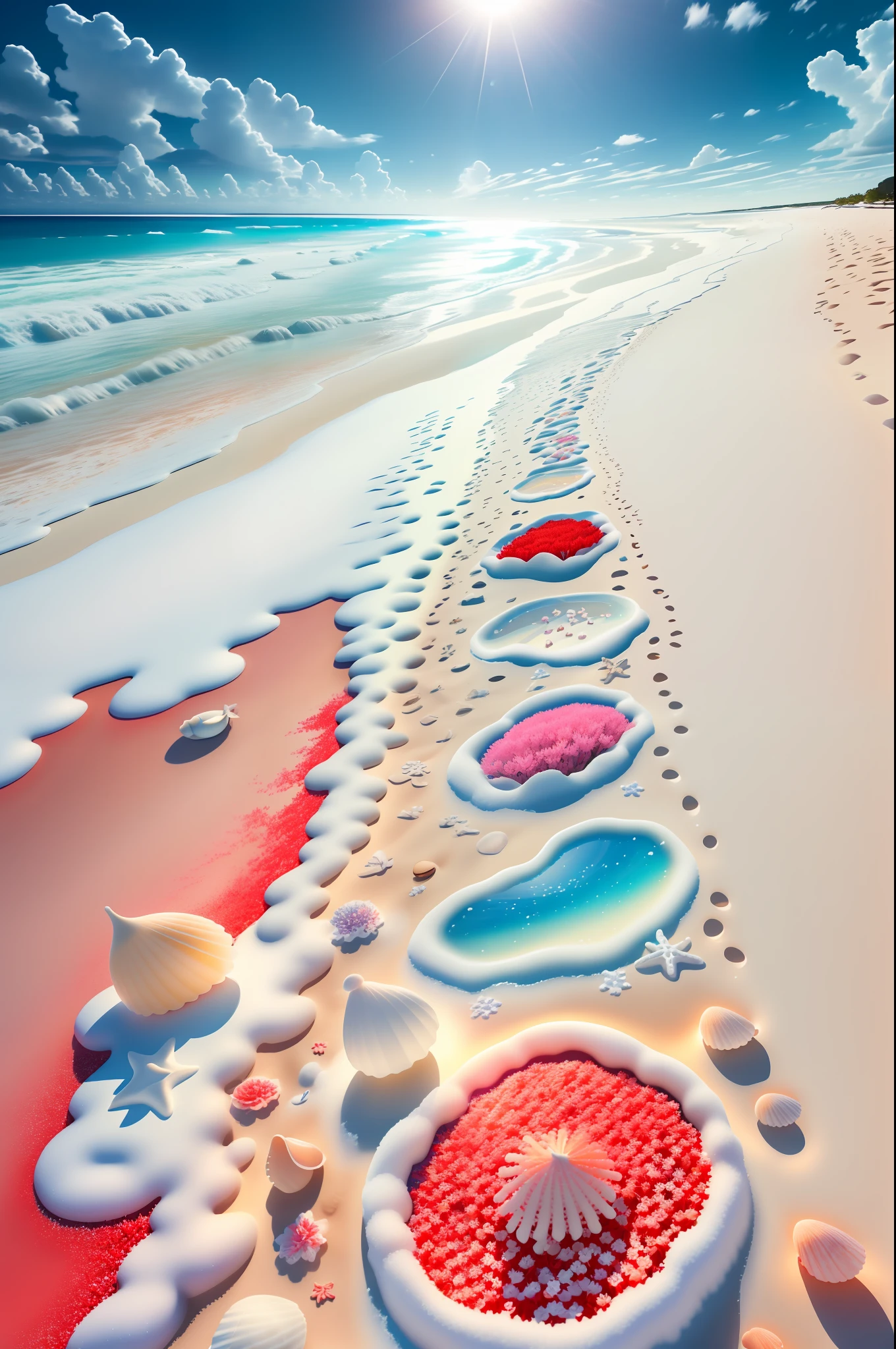 delicate scene,depth of field, 8K, The ivory sky,white clouds,and sunlight shine on the snow-white beach. The coral sea,and many colorful tinny shells on the beach,red roses, roses focus,