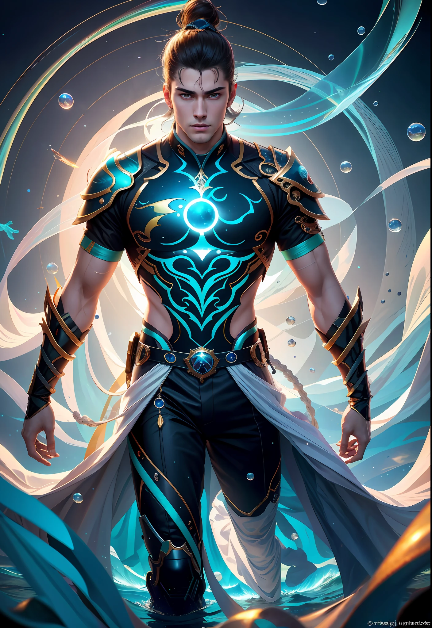 high resolution, shadow, absurd, best_quality, ultra_detailed, 8K, extremely_clear, Photos, beauty, sharp focus, HDR, masterpiece, acura, 1 male god, handsome, young, tall muscular man, dark theme, magic array, bubble, rainbow sun, underwater, reflector, floating glass sheet, rainbow light, bubble vortex, wind vortex, aurora, fantasy landscape, starlight around characters, (upper body), underwater, giant whale, fantastic location, dream, flight, underwater cyberpunk city