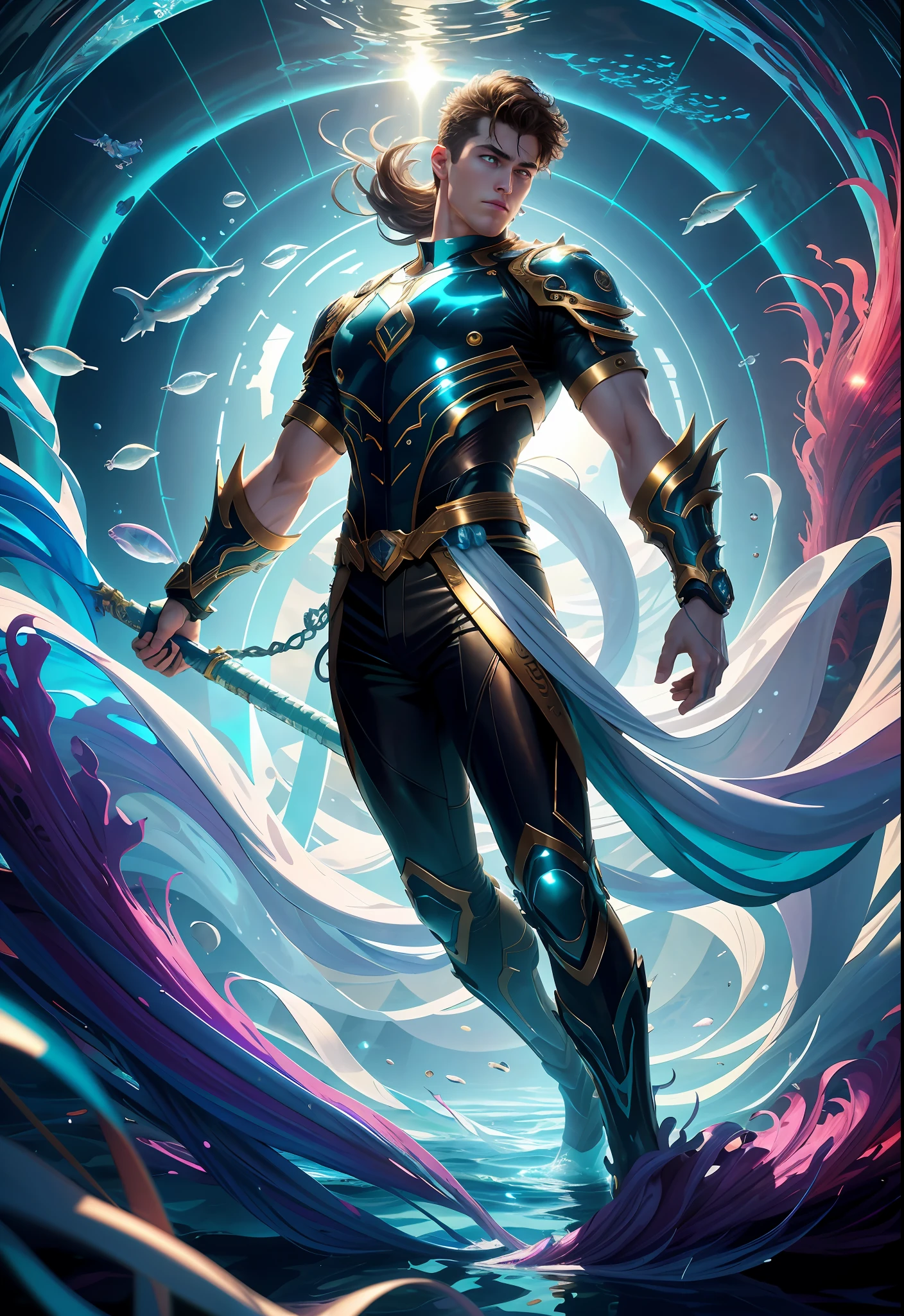 high resolution, shadow, absurd, best_quality, ultra_detailed, 8K, extremely_clear, Photos, beauty, sharp focus, HDR, masterpiece, acura, 1 male god, handsome, young, tall muscular man, dark theme, magic array, bubble, rainbow sun, underwater, reflector, floating glass sheet, rainbow light, bubble vortex, wind vortex, aurora, fantasy landscape, starlight around characters, (upper body), underwater, giant whale, fantastic location, dream, flight, underwater cyberpunk city