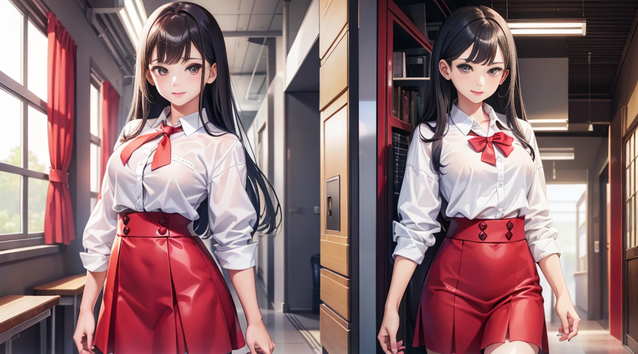 Young girl in red tie and white shirt, full body photo, Japan person's facial features, surreal schoolgirl, Chiho, hyper realistic schoolgirl, girl cute-fine face, transparent lips and high quality, Ayaka, Sari, Yui Kotegawa, Shikamimi