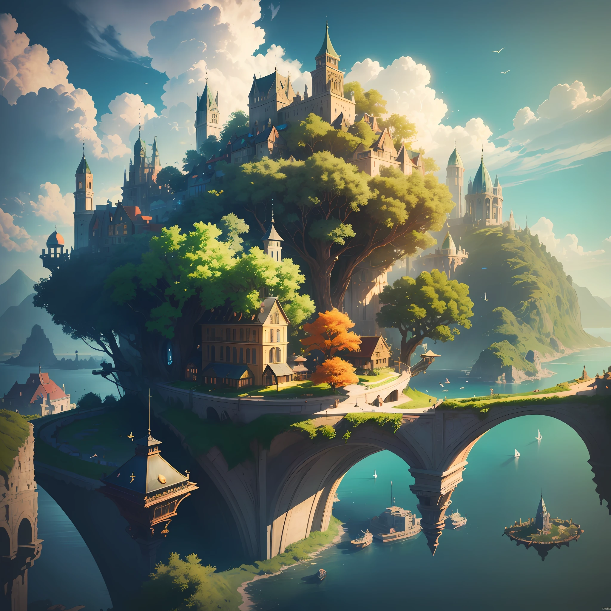 highres, ((materpiece)), ((4k)), best quality:1.2, cinematic lighting:0.9, amazing shadows, caravaggio style shadowing, ((amazing perspective:1.2)),
BREAK
depict a magical floating city in the sky, surrounded by sun and clouds, (vivid, colorful small island floating around), complex glass buildings:1.2, warm ambiance, iridescent light, ((green plants and colorful trees growing around)), ((amazing light, kaleidoscope)), fantasy art, official gme art, concept art:1.2
BREAK
depict a beautiful glass city with birds flying in the blue sky. create flags with a logo on it representing the city. gives this image a sense of traveling, and inspiration.