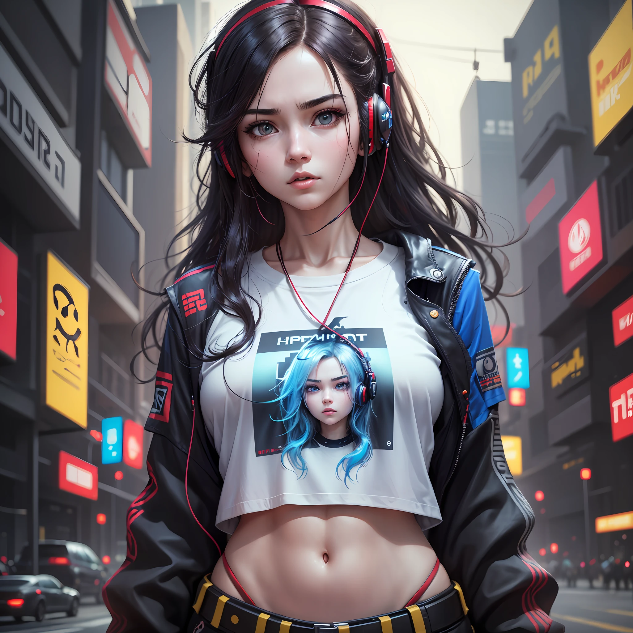 Hyper realistic, Beautiful woman medium hair, wearing headphone jack, shirt with text ((kenka)), cyberpunk style short clothes, shirt, wearing red colors blue white yellow , She is facing the screen with her whole body, with a confident and determined expression on her face. --auto --s2