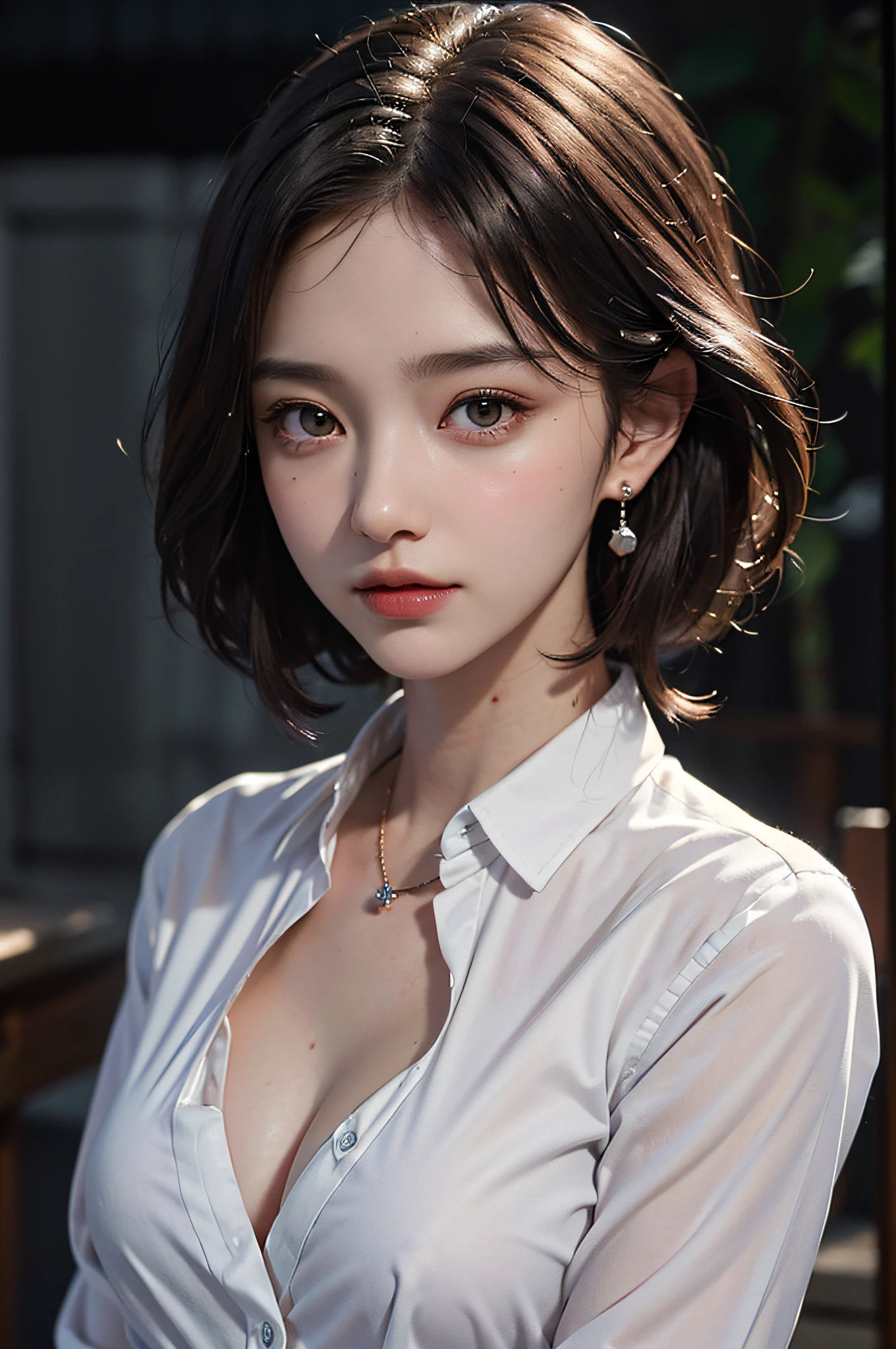 (buttons up to shirt length: 1.2), (rain-soaked white shirt), (unbuttoned shirt: 1.1), big, deep cleavage, top quality, masterpiece, illustration, very delicate and beautiful, very detailed, cg, unity, 8k wallpaper, amazing, fine detail, highly detailed CG Unity 8K wallpaper, huge file size, very detailed, high resolution, handsome detailed woman, Highly detailed eyes and face, stunning detailed eyes, face light, (best illustration: 1.1), (best shadow: 1.1), ultra high resolution, (photorealistic: 1.1), (photorealistic 1.2: 1.1), realistic face proportions, slim, smile, (makeup: 0.4), (fluffy black eyes: 1.21), black eyes, viewer look, dark brown hair, earrings, necklace, hairpin, cowboy shot, (irregular skin imperfections, veins, skin wrinkles: pores: 1.2), (dark night background: 1.2), (bokeh: 1.4)