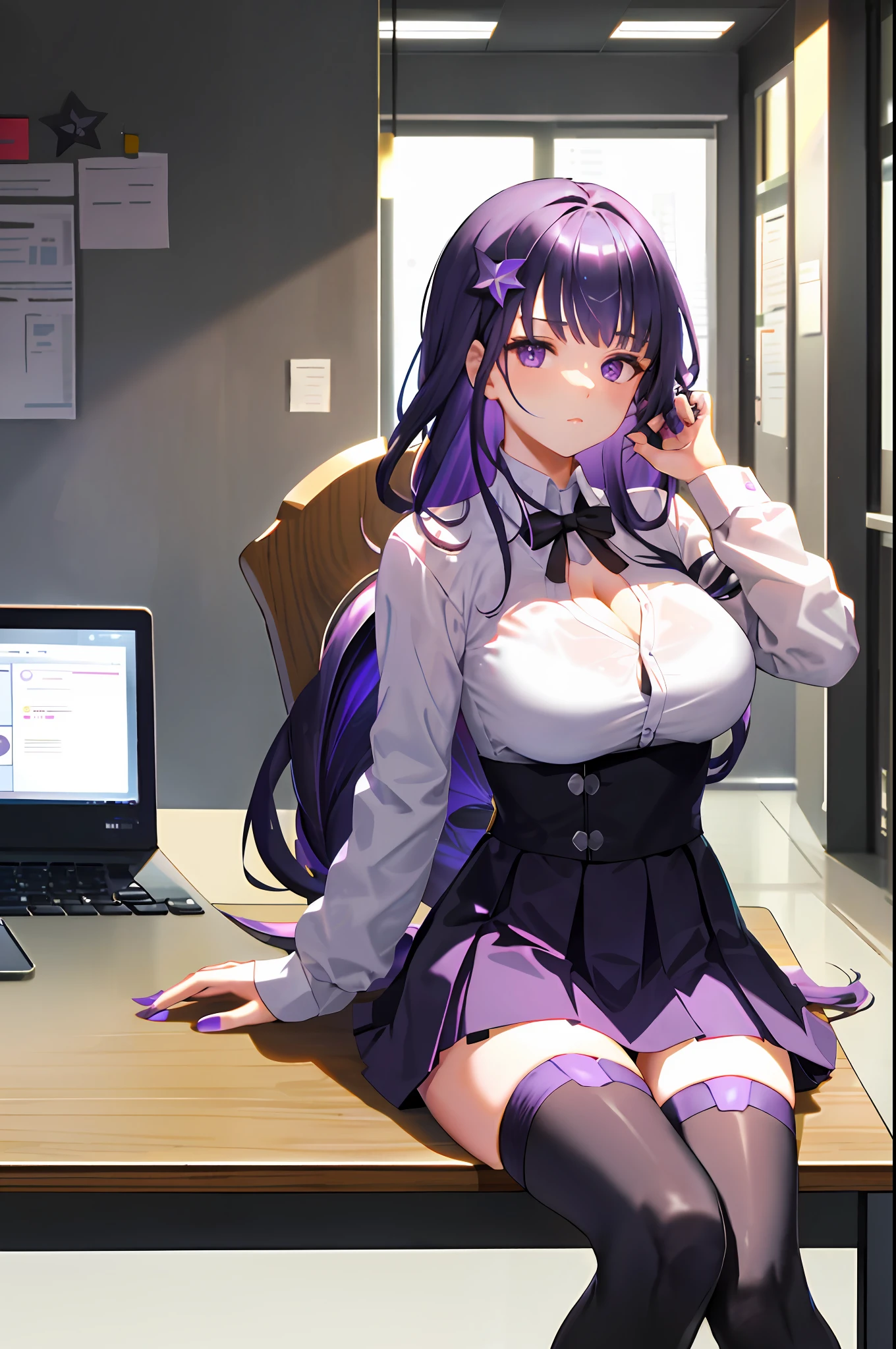 Raiden, 1girl, solo, ((white shirt)), black thighhighs, breasts, cleavage, uniform, office background, black skirt, pleated skirt, office, hair between eyes, golden hair ornament, large breasts, long hair, looking at viewer, purple hair, purple nails, purple eyes, solo, thighhighs, thighs, very long hair, ((masterpiece)), sitting, chair, desk, computer on desk, name tag, id tag, indoor, golden hair clip,