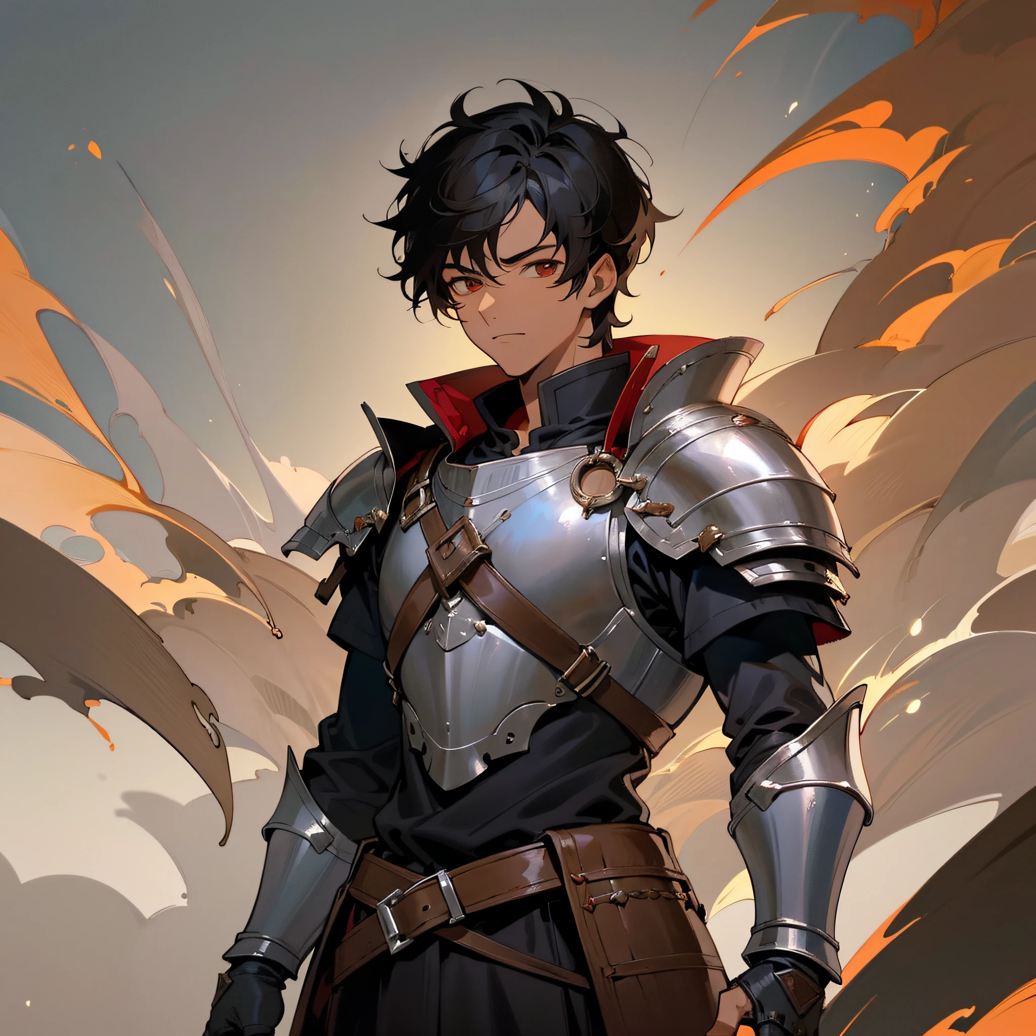 Young man of 25 years, short black hair, with brown colored skin, wearing full armor of dark metal color, anime style, medieval, with red details, black clothing
