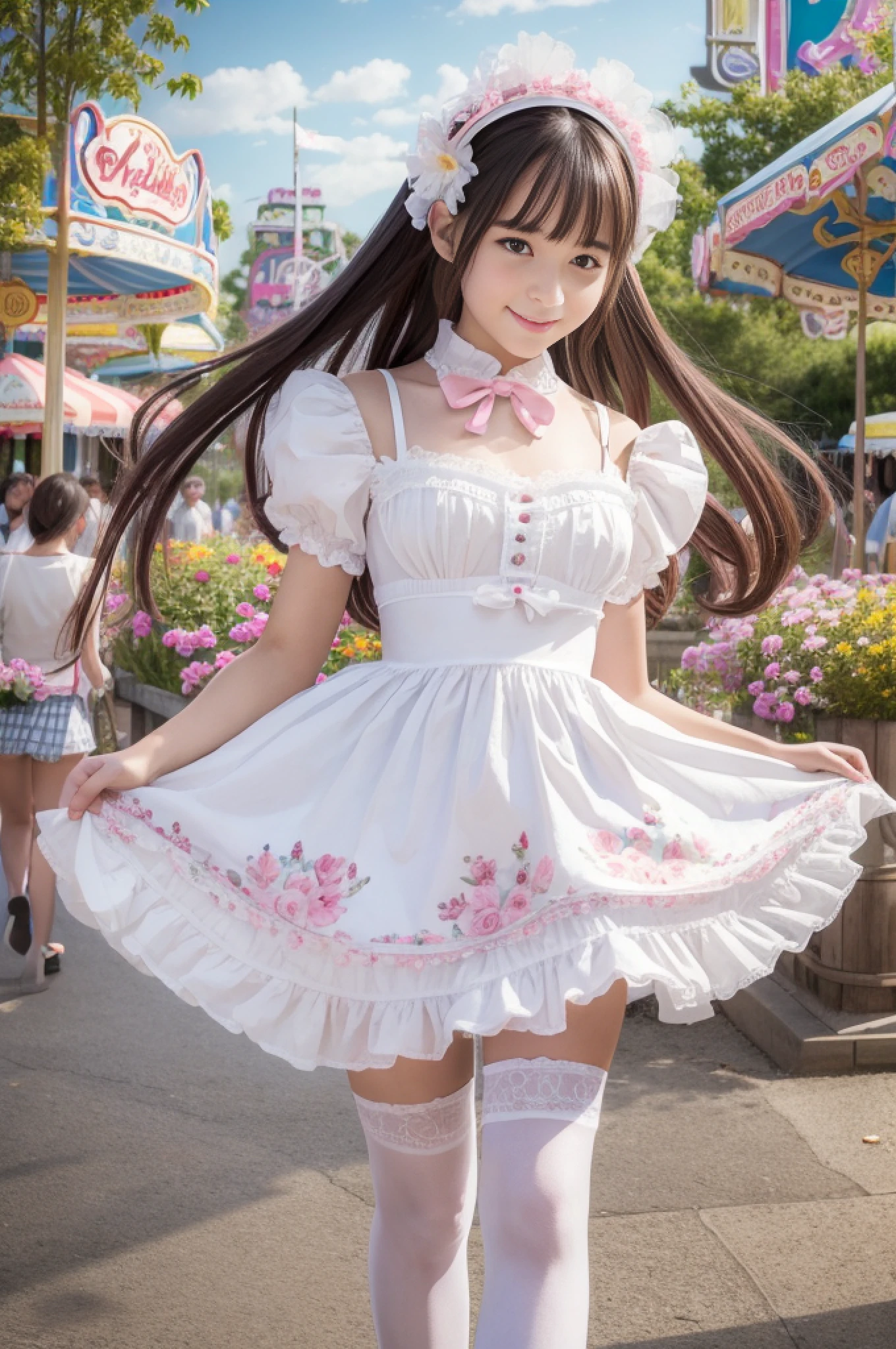 1 girl, solo, (realistic: 1.1), (realistic: 1.1), (masterpiece: 1.1), (best quality: 1.1), super detailed, looking at the audience, smiling, sweet_lolita, standing, natural lighting, depth of field, (pureerosface_v1:0.8), amusement park in background, pink Lolita miniskirt, bow on chest, white stockings, white tights with flower pattern, white stockings, Lolita miniskirt, walk-away