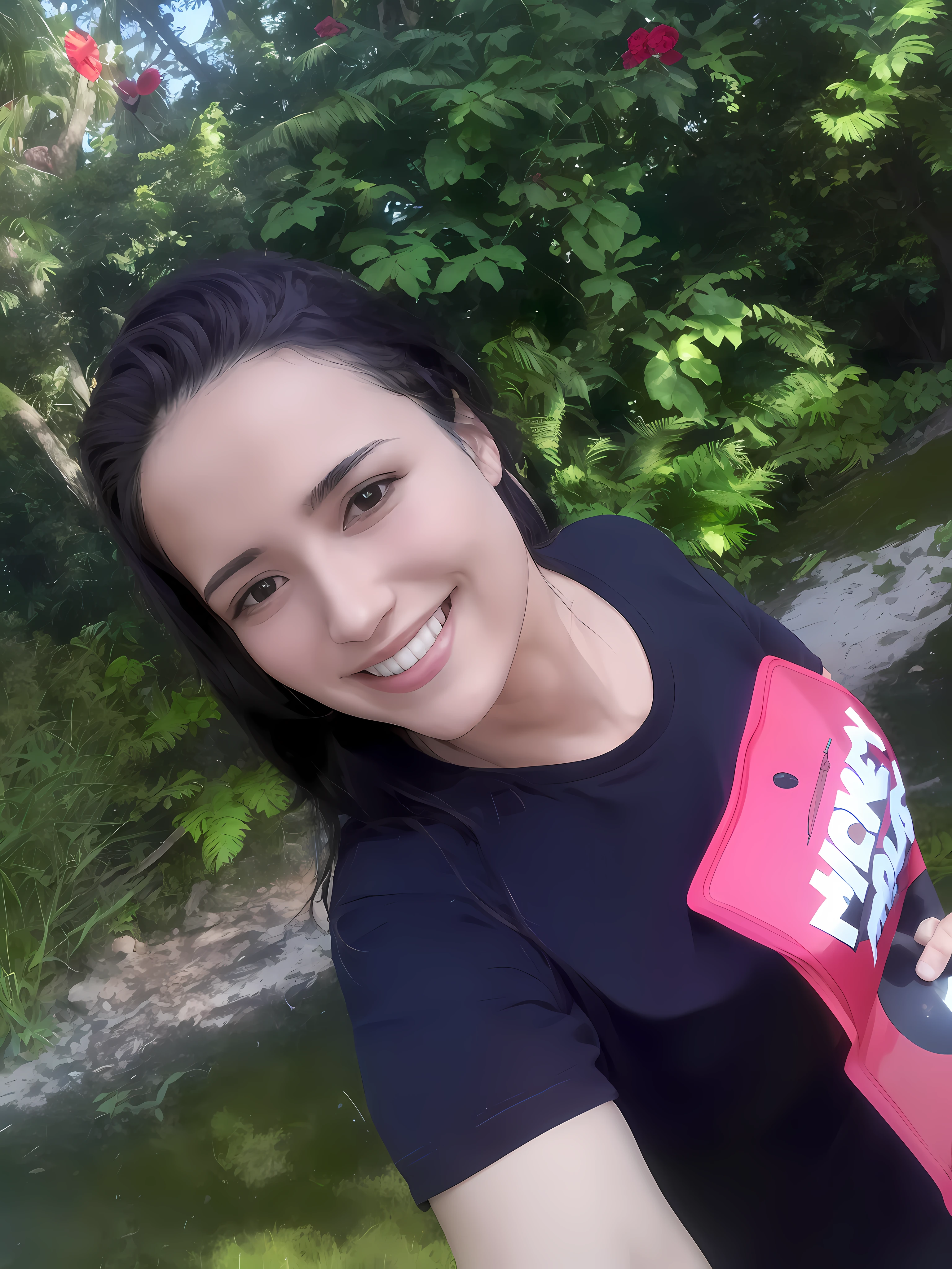 smiling woman in black shirt holding a red frisbee in front of a bush, 3 5 year brazilian mother, malika favre, profile image, andrea rocha, by Nándor Katona, looks like fabiula nascimento, alanis guillen, in front of a forest background, fernanda suarez, photo from the back