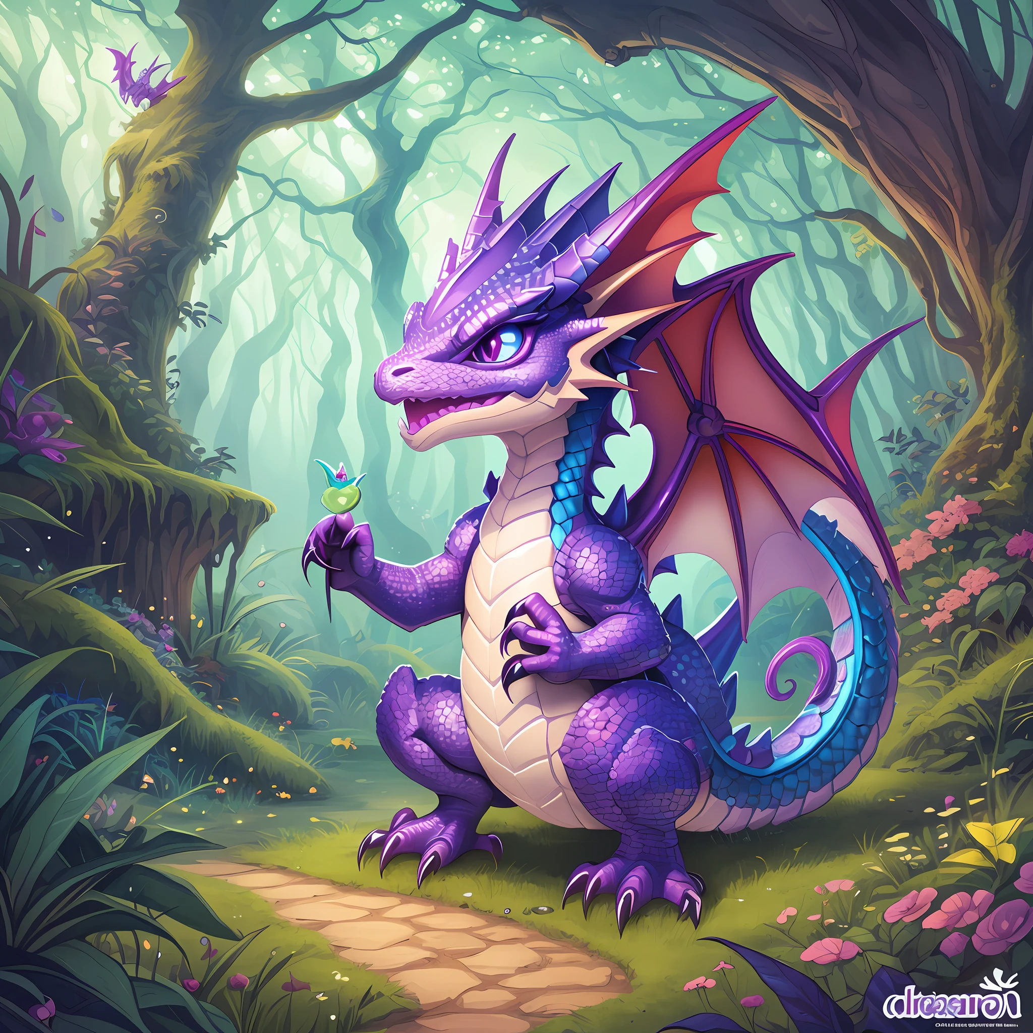 Illustration of cute cute dragon baby, y hatched dragon, very cute purple dragon, stuffed dragon, detailed dragon, anthropomorphic dragon, dragon art, like an anthropomorphic dragon but like an anthropomorphic dragon, dra the dragon, a cute little blue dragon. Enchanted forest.