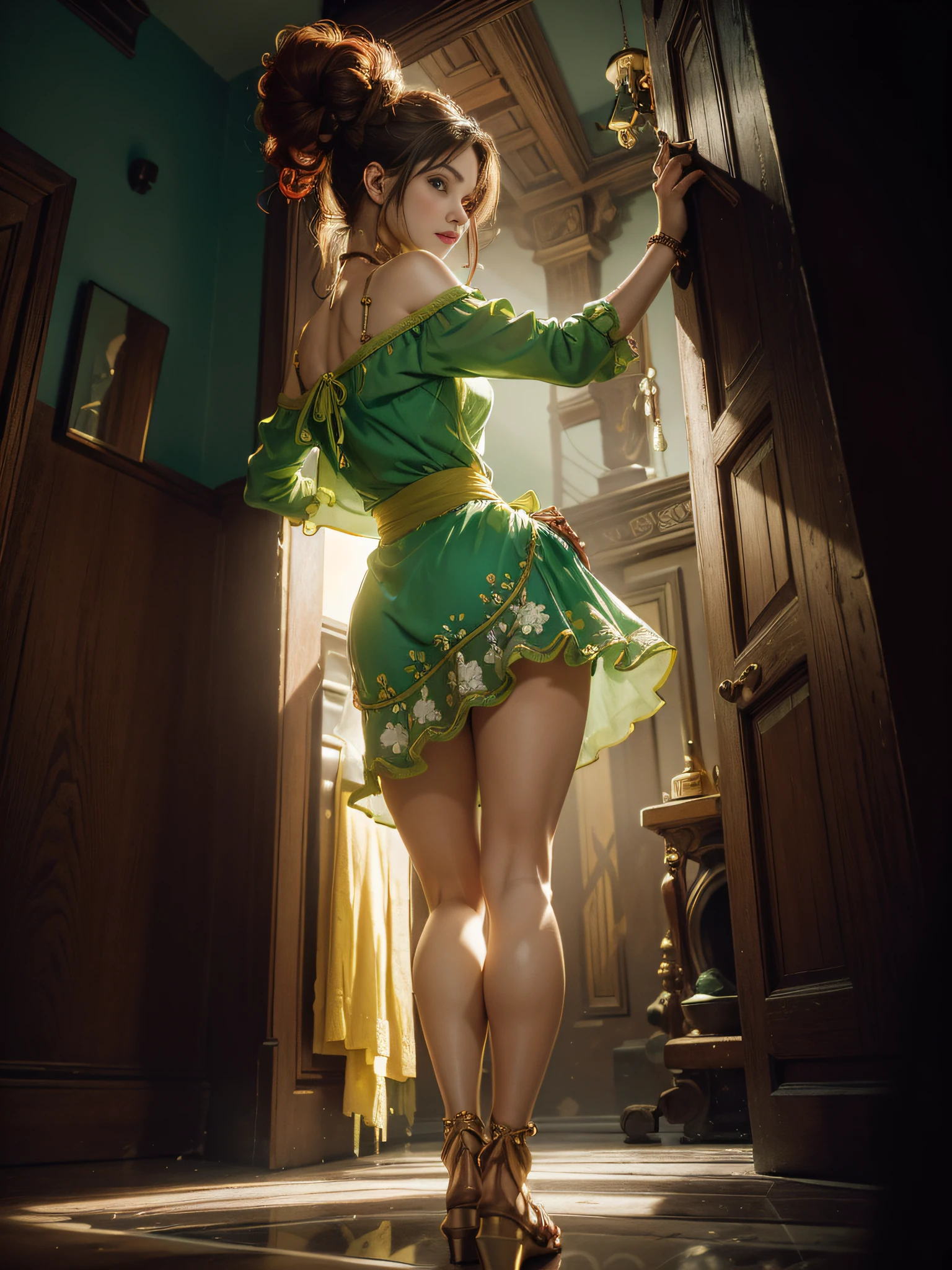 (in red dead redemption style) ((view from below)) (((photograph))) (((realism))) (((reality))) ((masterpiece)) ((ultra detailed)) (((1girl))) In her private chamber, Natalie Portman as a ((solitary)) Himalayan enchantress gazes out a window. She was bright green eyes and a fiery red afro. Her floral skirt paired with a lace-adorned blouse that accentuates her allure. A delicate bun and elegant sandals, she exudes elegance. She wears golden accessories. She straddles the camera, which is placed at a low angle. (high contrast) (view from below) (extreme low angle)