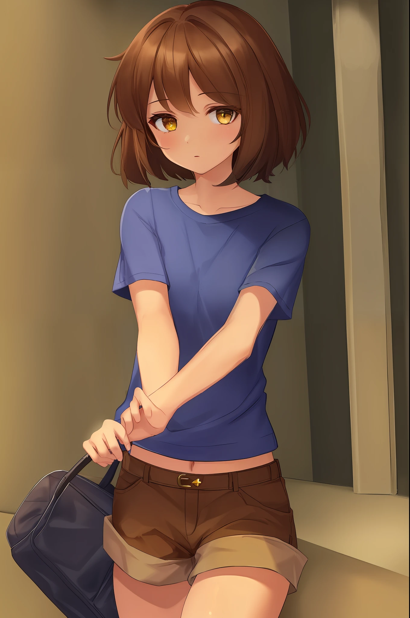 ((Best Quality)), ((Masterpiece)), (detailed), Underground Story Frisk, Brown Hair, (Brown Shorts:1.3), Bob Haircut, Short Hair, Black Pantyhose, (Blue Shirt: 1.3), Yellow Eyes, (1 Girl:1.3), (Solo: 1.3), Striped, Striped Swimsuit