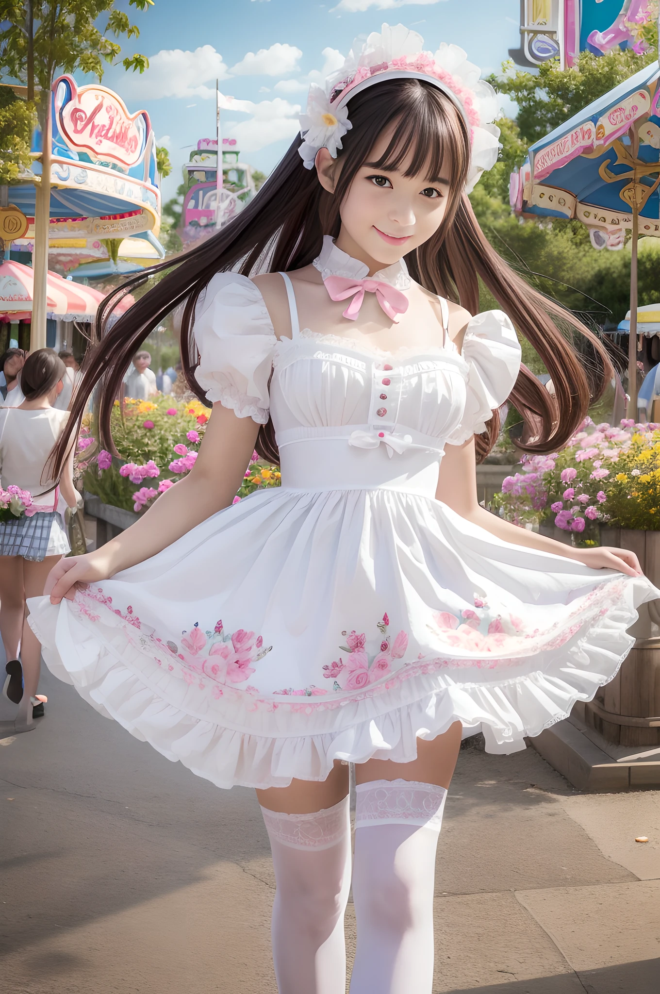 1 girl, solo, (realistic: 1.1), (realistic: 1.1), (masterpiece: 1.1), (best quality: 1.1), super detailed, looking at the audience, smiling, sweet_lolita, standing, natural lighting, depth of field, (pureerosface_v1:0.8), amusement park in background, pink Lolita miniskirt, bow on chest, white stockings, white tights with flower pattern, white stockings, Lolita miniskirt, walk-away