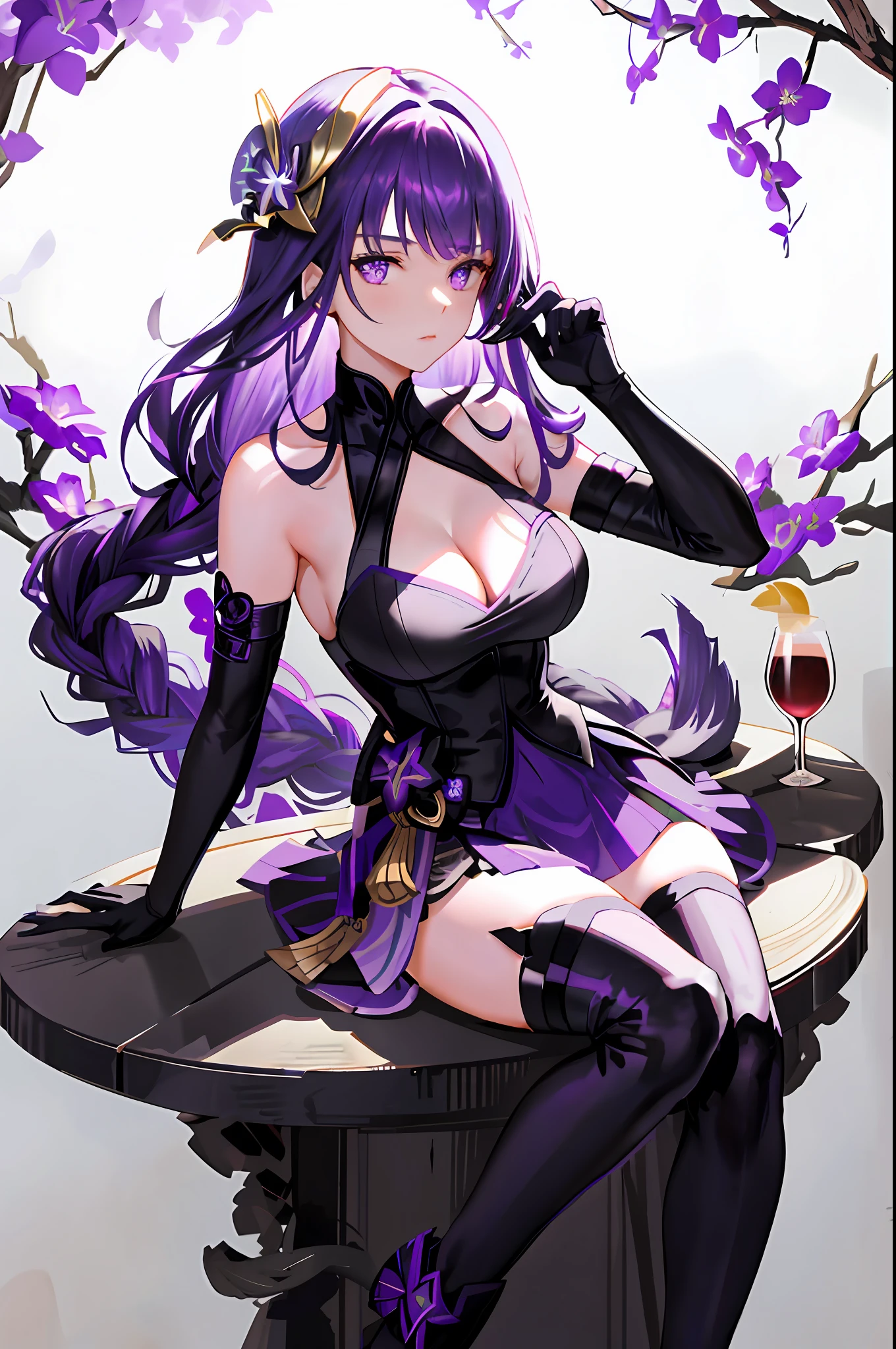 Raiden, genshin impact, 1girl, alcohol, alternate costume, armlet, bare shoulders, black background, black dress, black gloves, black thighhighs, breasts, cleavage, criss-cross halter, cup, dress, drinking glass, flower, gloves, gradient background, hair between eyes, hair ornament, halterneck, holding, holding cup, large breasts, long hair, looking at viewer, purple hair, purple nails, purple eyes, see-through gloves, solo, thighhighs, thighs, very long hair, wine, wine glass, ((masterpiece)) pleated purple skirt, sitting,