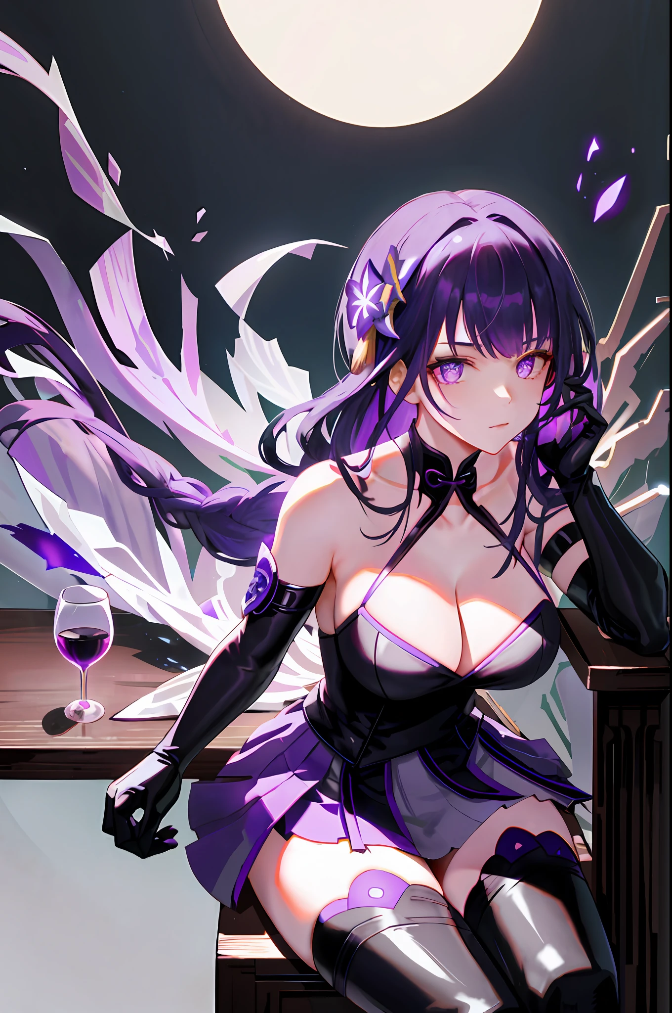 Raiden, genshin impact, 1girl, alcohol, alternate costume, armlet, bare shoulders, black background, black dress, black gloves, black thighhighs, breasts, cleavage, criss-cross halter, cup, dress, drinking glass, flower, gloves, gradient background, hair between eyes, hair ornament, halterneck, holding, holding cup, large breasts, long hair, looking at viewer, purple hair, purple nails, purple eyes, see-through gloves, solo, thighhighs, thighs, very long hair, wine, wine glass, ((masterpiece)) pleated purple skirt, sitting,