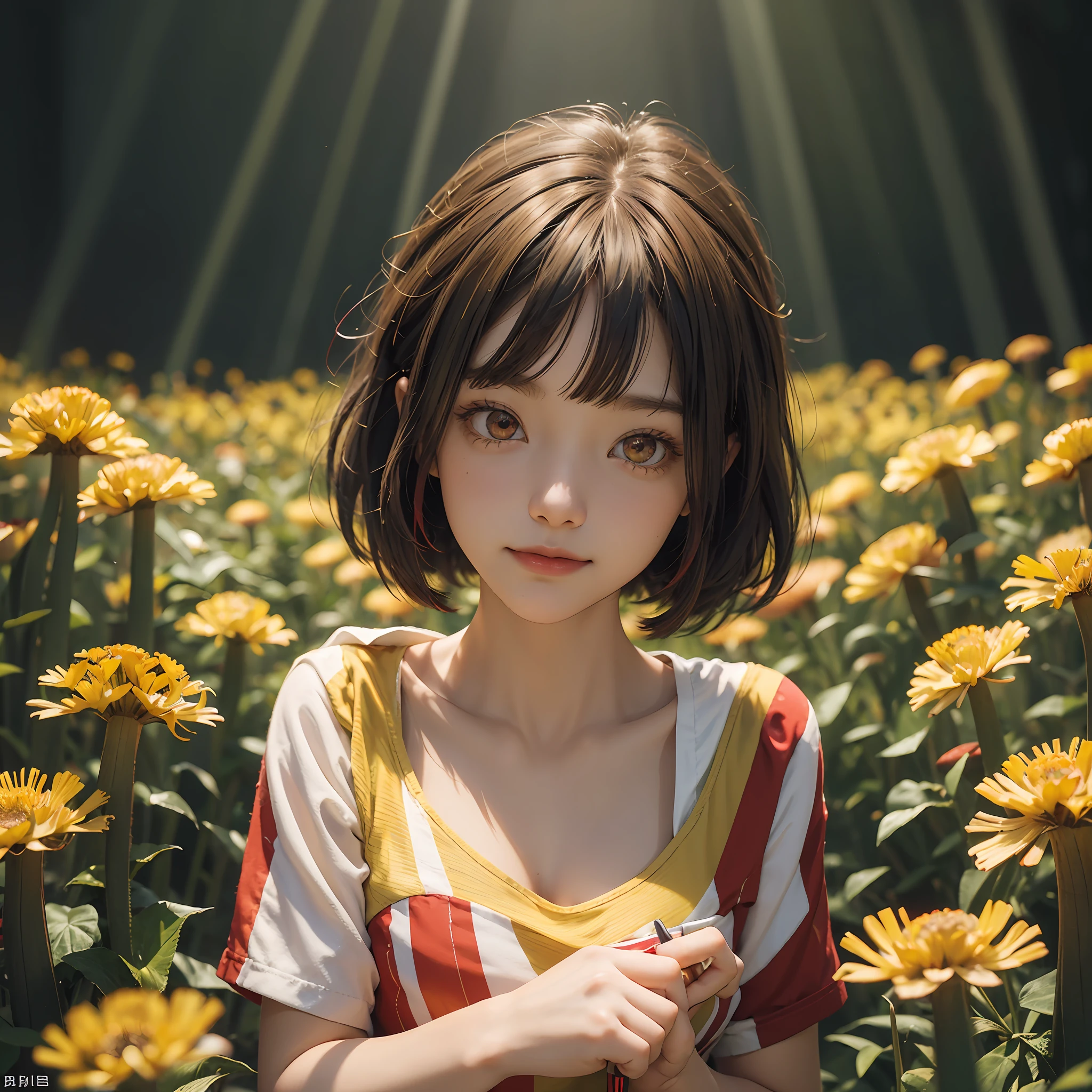 Red eyes, girl, holding a red knife, yellow-green striped shirt with thicker stripes, red glowing eyes, head tilted, short brown hair mushroom head, a clear smile on her face, Chara, two-dimensional, standing among golden flowers with a ray of light above her head, darkness elsewhere