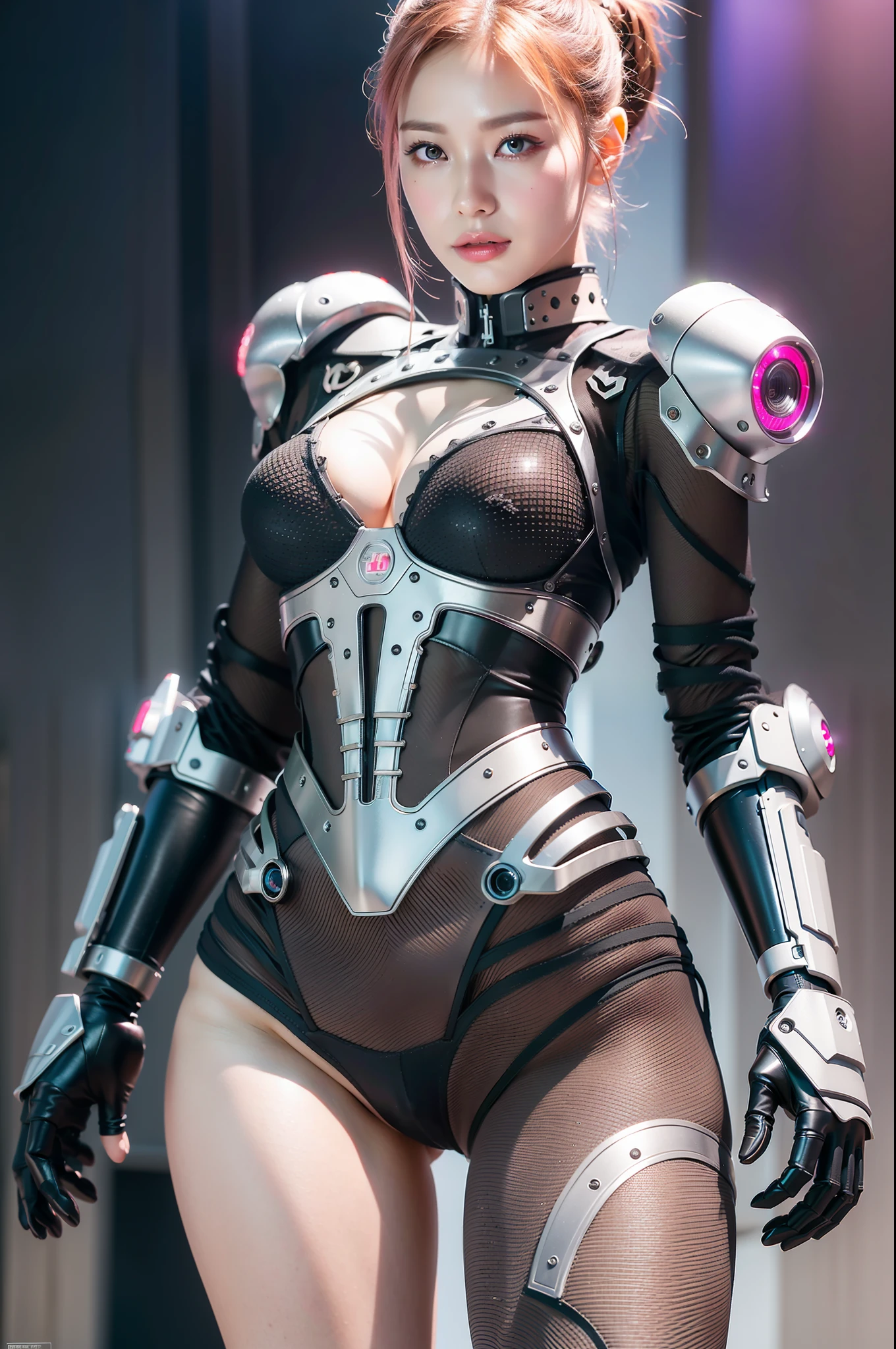 Complex 3d rendering super detail beauty android face, cyborg, robot parts, black metal mesh skin, worn whitewashed steel skin, 150mm lens, beautiful studio light, rim light, vivid details, gorgeous cyberpunk, lace, hyperrealistic, anatomical, facial muscle, cable wire, microchip, Top quality, masterpiece, very delicate and beautiful, very elaborate, CG, unity, wallpaper, (lifelike, photorealistic: 1.37), wonderful, fine, masterpiece, top quality, official art, very elaborate CG Unity wallpaper, robot, full body, whole body pink