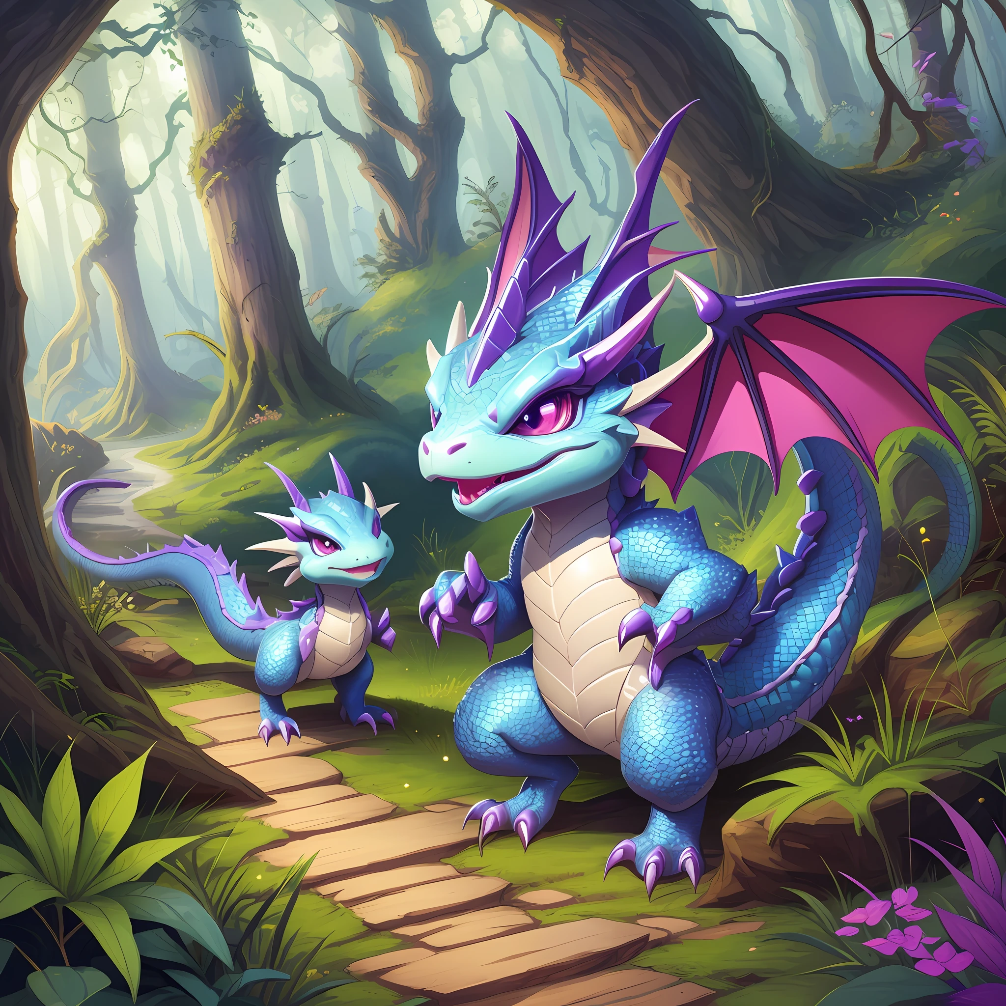 Illustration of a cute cute dragon baby, y hatched dragon, very cute purple dragon, stuffed dragon, detailed dragon, anthropomorphic dragon, dragon art, like an anthropomorphic dragon, but like an anthropomorphic dragon, dra the dragon, a cute little blue dragon. Enchanted forest, mystical forest, cute forest.masterpiece of cuteness.