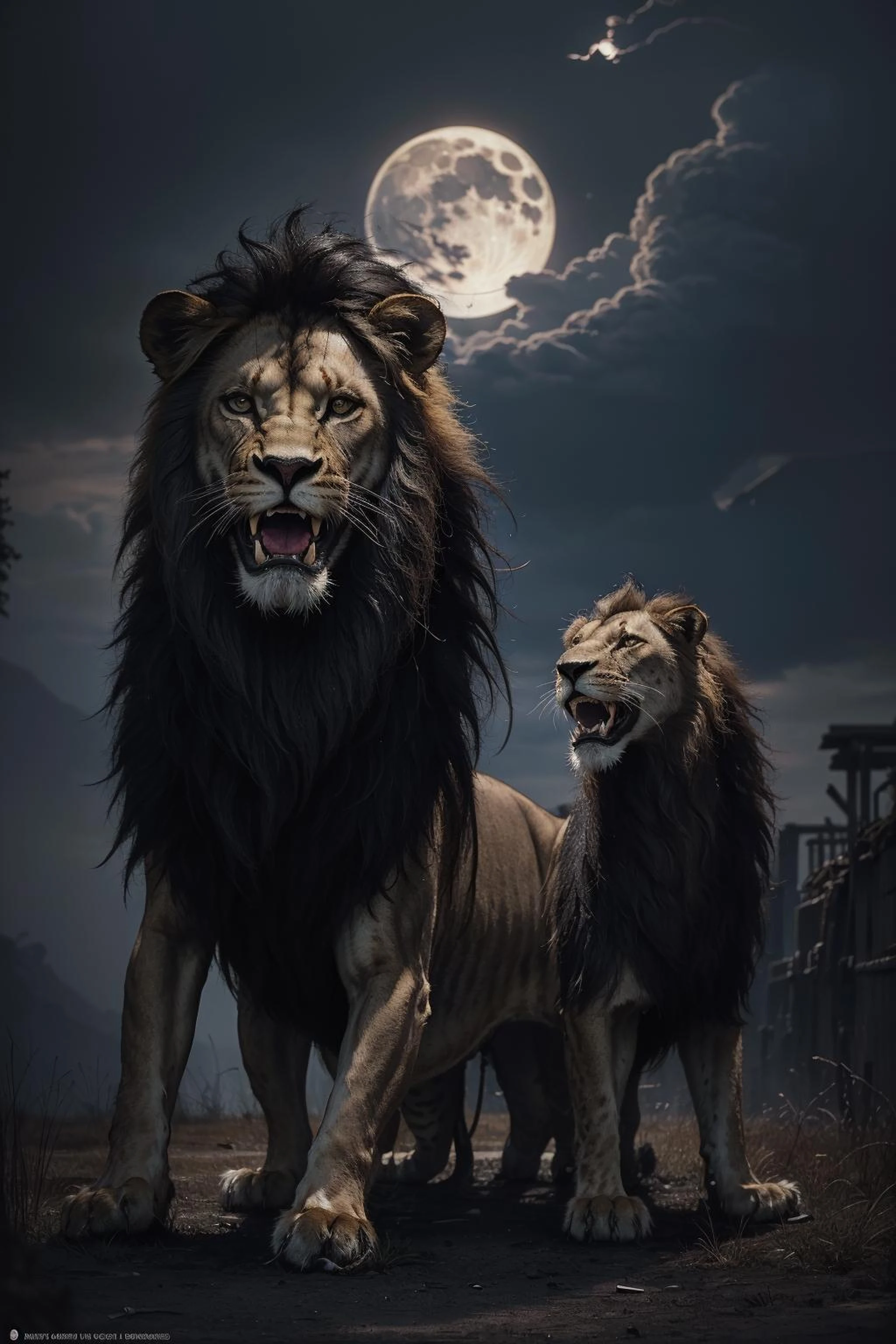 masterpiece:1.2, best quality:1.2, style_tombraider, (nude), (1girl), 38yo,(Supermodel figure), large breasts, breasts out, wide hips, narrow waist, perfect eyes, perfect face, Blood-stained skin, wounded body, wounded and bleeding lions, (riding a male lion, Skeleton lion,The lion is opening its mouth and show its huge demonic teeth), multiple lions, (in the wild, in Serengeti National Park, The wind blows the hair, wild background, the army of many lions, hyenas),late night, Bright moon, big moon in the sky, moonlight, low key, dark lighting, Professional cinematography,