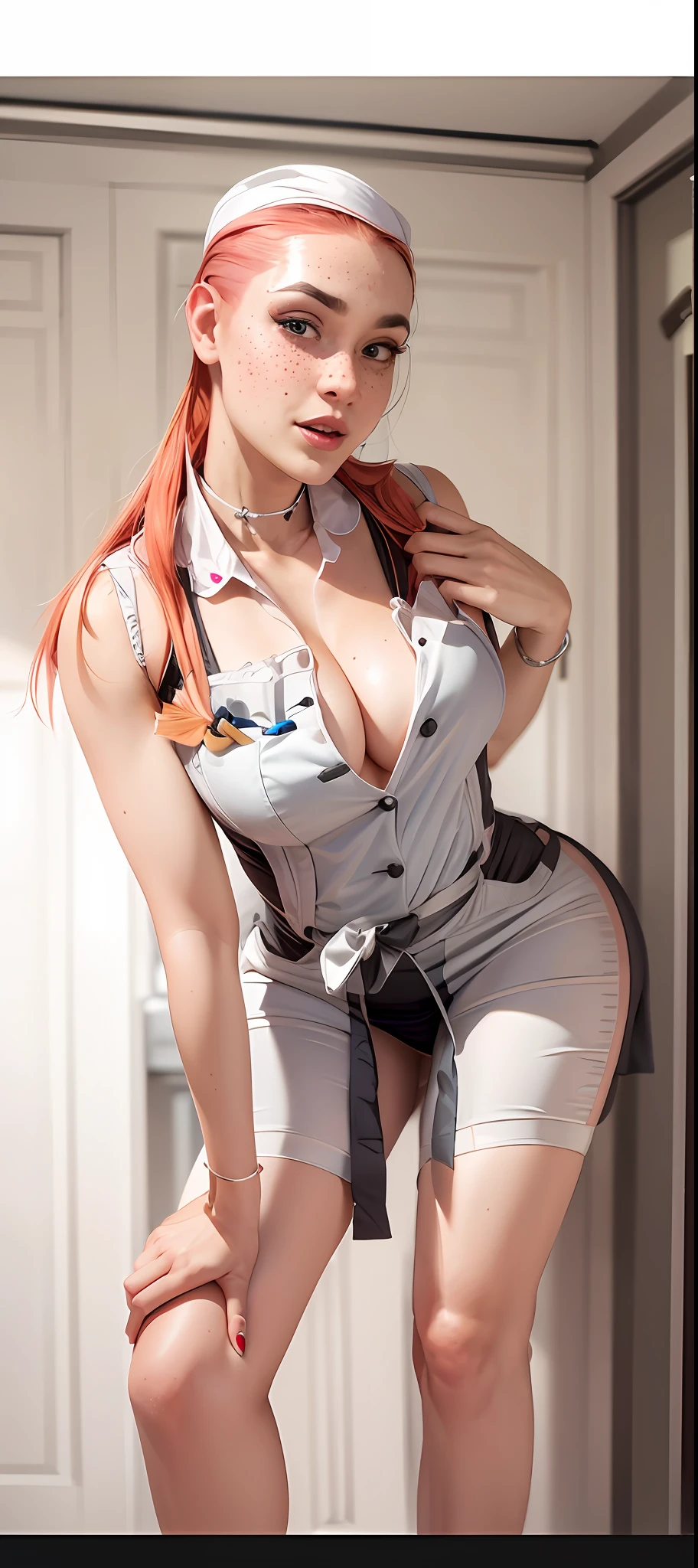 a closeup portrait of a playful maid, undercut hair, apron, amazing body, pronounced feminine feature, busty, kitchen, [ash blonde | ginger | pink hair], freckles, flirting with camera