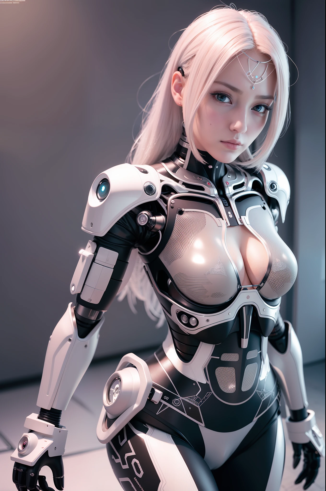 Complex 3d rendering super detail beauty android face, cyborg, robot parts, black metal mesh skin, worn whitewashed steel skin, 150mm lens, beautiful studio light, rim light, vivid details, gorgeous cyberpunk, lace, hyperrealistic, anatomical, facial muscle, cable wire, microchip, Top quality, masterpiece, very delicate and beautiful, very elaborate, CG, unity, wallpaper, (lifelike, photorealistic: 1.37), wonderful, fine, masterpiece, top quality, official art, very elaborate CG Unity wallpaper, robot, full body, full body mirror, pink body, full body pink