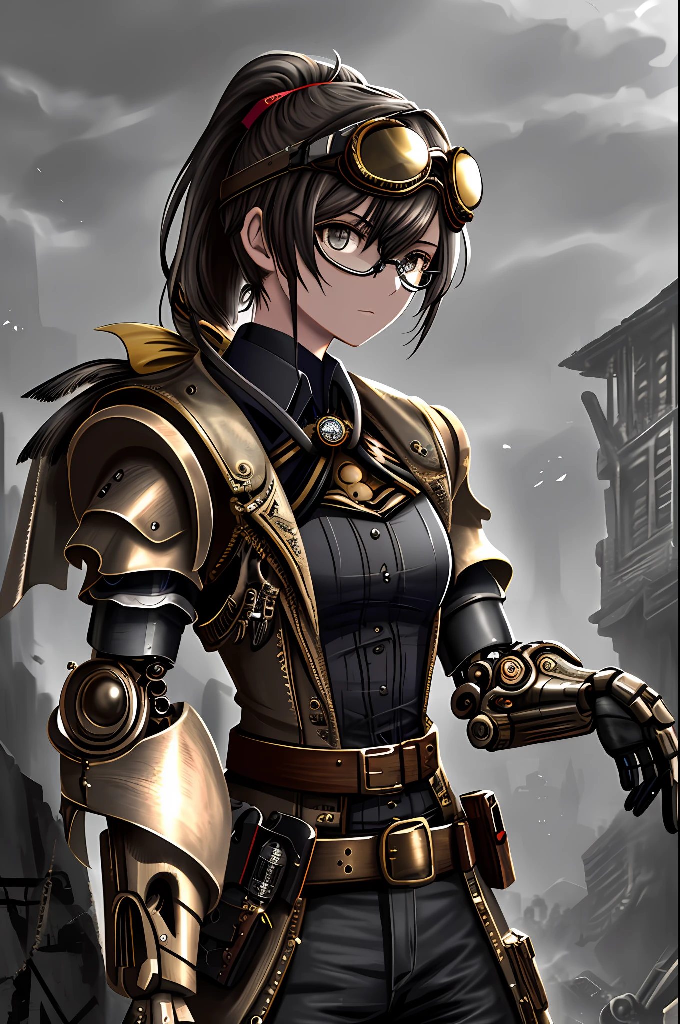 Top quality, masterpiece, masterpiece, highly detailed 8k wallpaper, steampunk, transcendent beautiful girl, goggles, mechanical limbs, belt, steampunk world, charcoal-stained face, charcoal-stained body, ponytail,