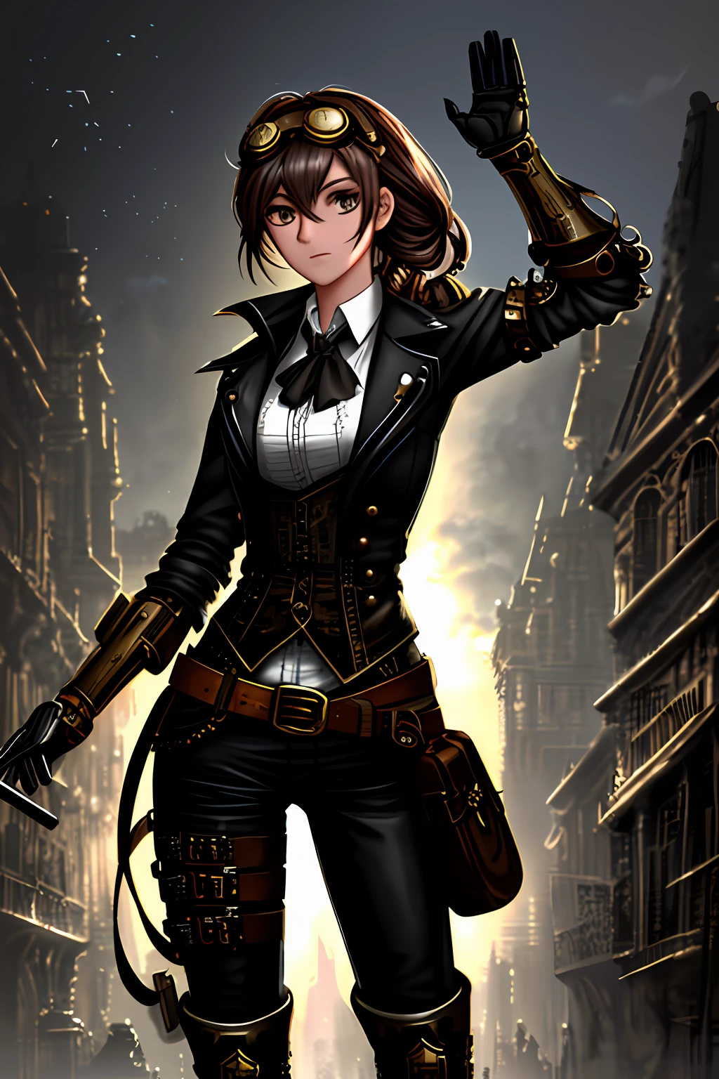 Top quality, masterpiece, masterpiece, highly detailed 8k wallpaper, steampunk, transcendent beautiful girl, goggles, mechanical limbs, belt, steampunk world, charcoal-stained face, charcoal-stained body,