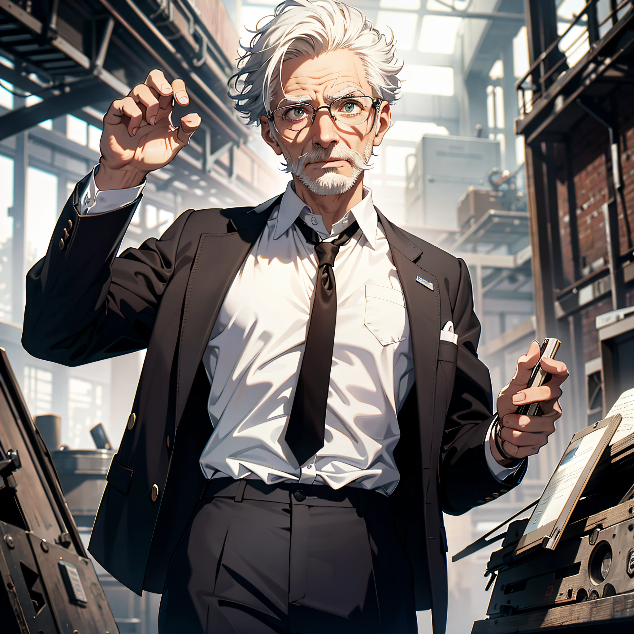 Absurd resolution, high resolution, (masterpiece: 1.4), hyper-detail, inside an abandoned factory, high-tech workbench, tech-sense screen, tech-tech robotic arm, an old man with short white hair dressed as a scientist (1.3), a blazer and a white shirt, a shocked and surprised expression, an open mouth
