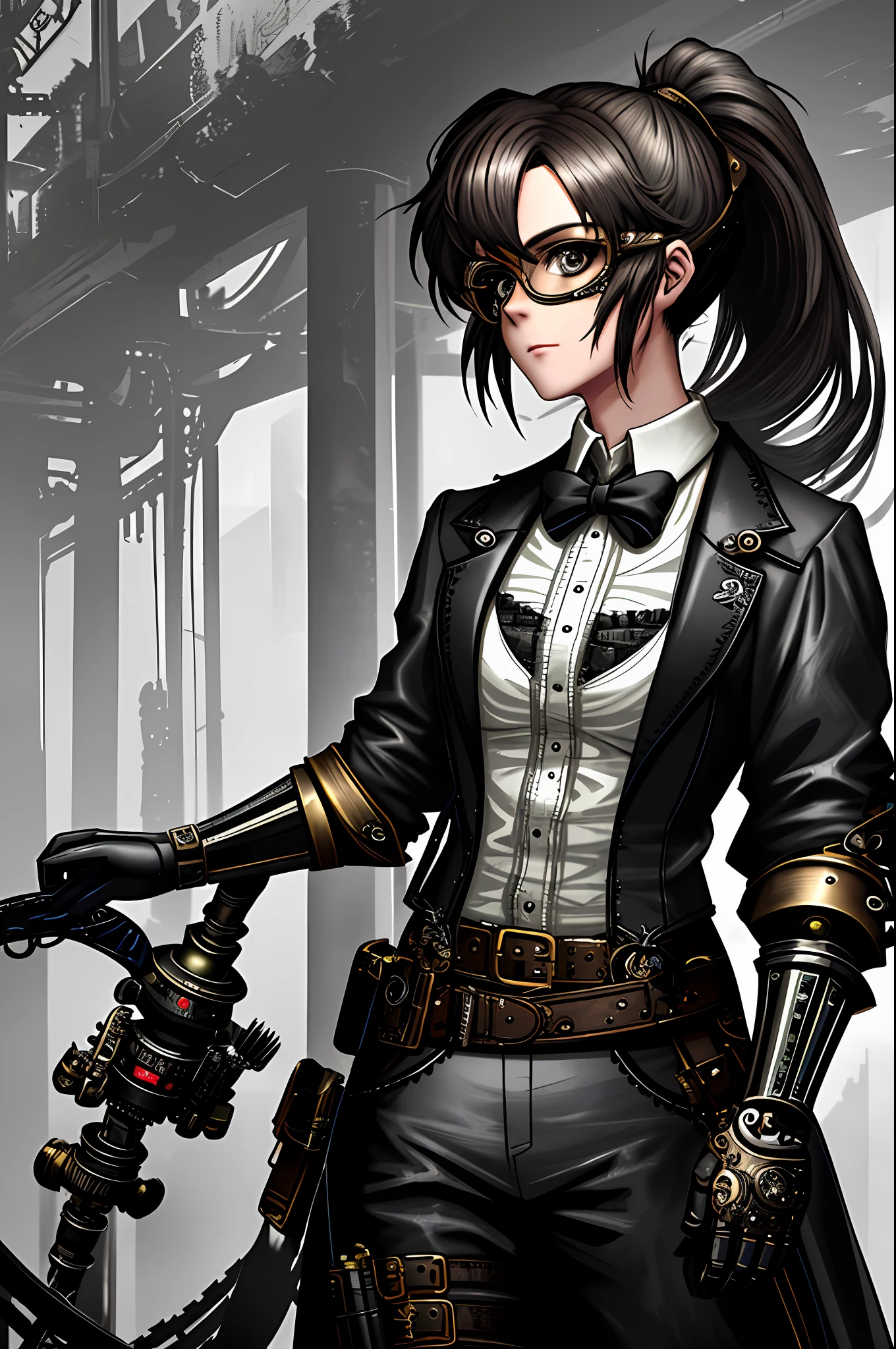 Top quality, masterpiece, masterpiece, highly detailed 8k wallpaper, steampunk, transcendent beautiful girl, goggles, mechanical limbs, belt, steampunk world, charcoal-stained face, charcoal-stained body, ponytail,