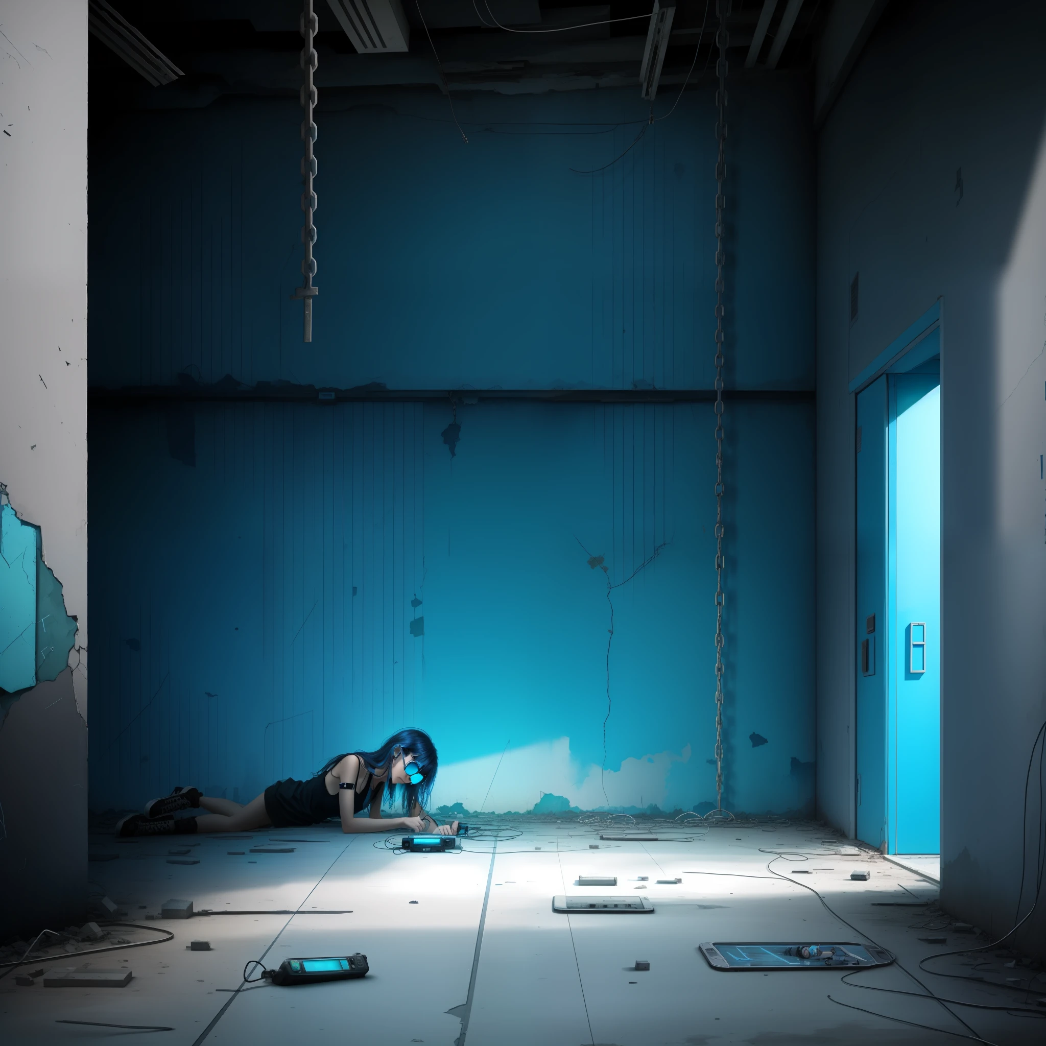 Sad humor, abandoned city, social media empire, people in chains, cell phones on the floor, black and white with shades of neon blue.