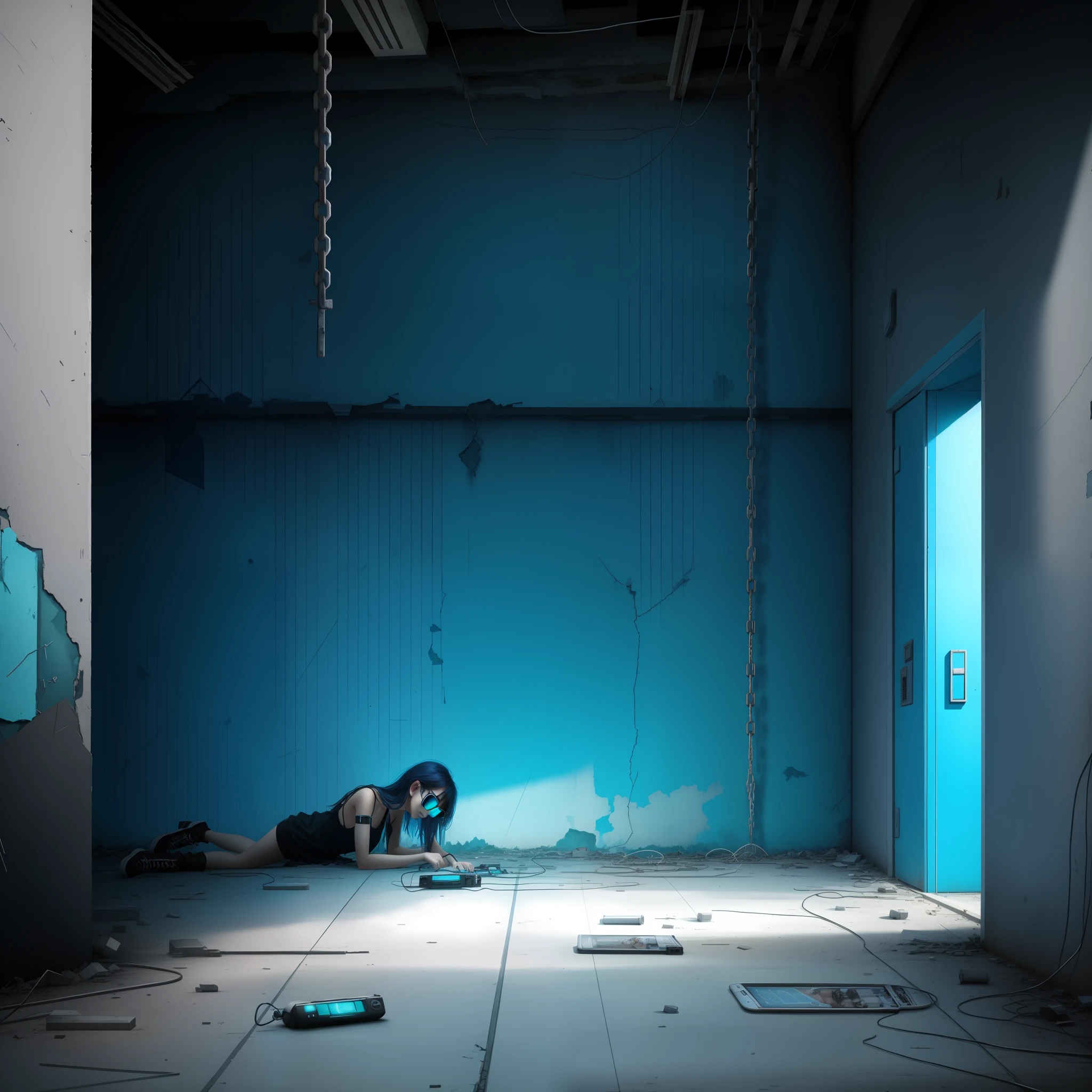 Sad humor, abandoned city, social media empire, people in chains, cell phones on the floor, black and white with shades of neon blue.