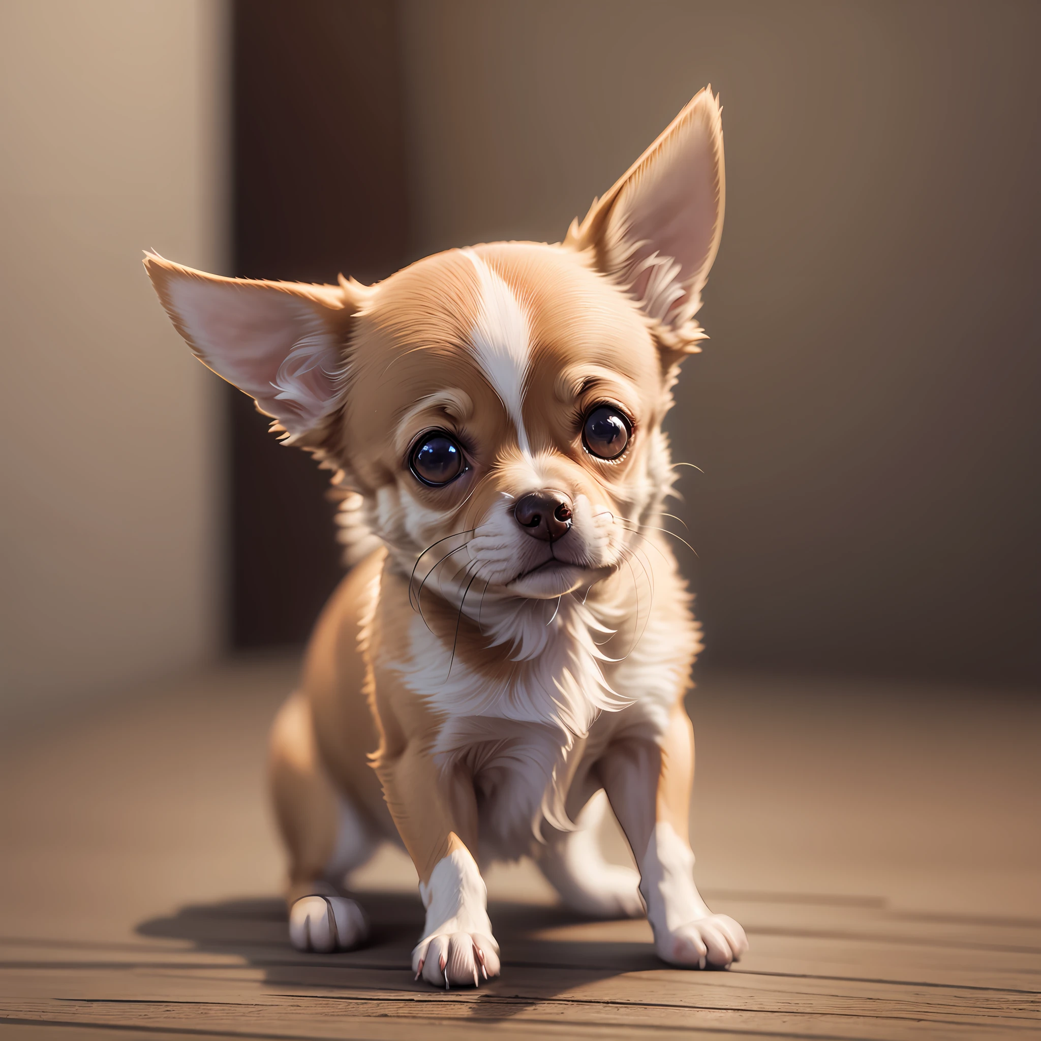 Front angle view,Chihuahua,slim body,cute,detailed face, highly detailed, hyper realistic, photorealistic, perfect lighting, chiaroscuro effect, volumetric lighting, 8k resolution. --auto --s2