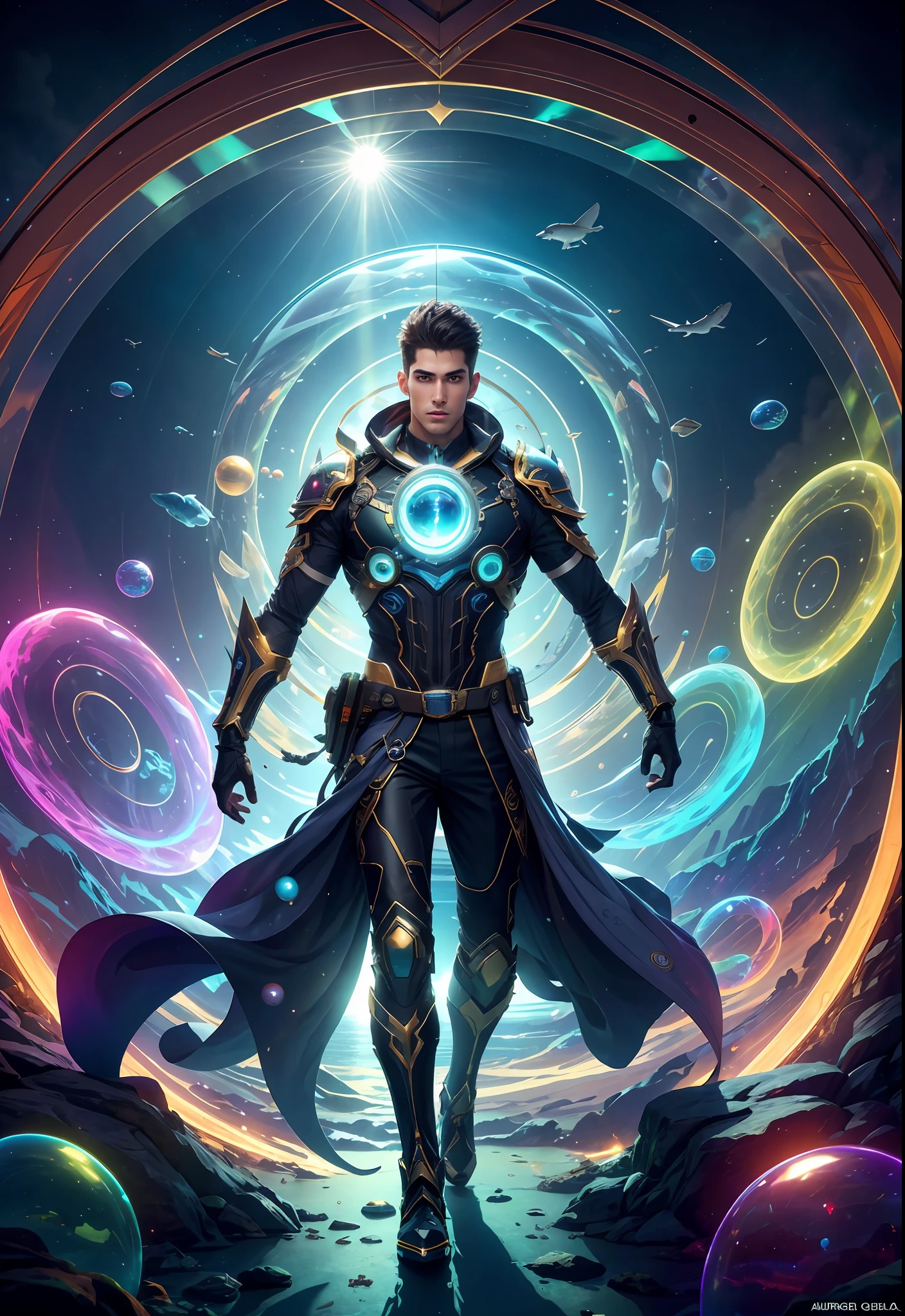 high resolution, shadow, absurd, best_quality, ultra_detailed, 8K, extremely_clear, Photos, beauty, sharp focus, HDR, masterpiece, acura, 1 male god, handsome, young, tall muscular man, dark theme, magic array, bubble, rainbow sun, underwater, reflector, floating glass sheet, rainbow light, bubble vortex, wind vortex, aurora, fantasy landscape, starlight around characters, (upper body), underwater, giant whale, fantastic location, dream, flight, underwater cyberpunk city