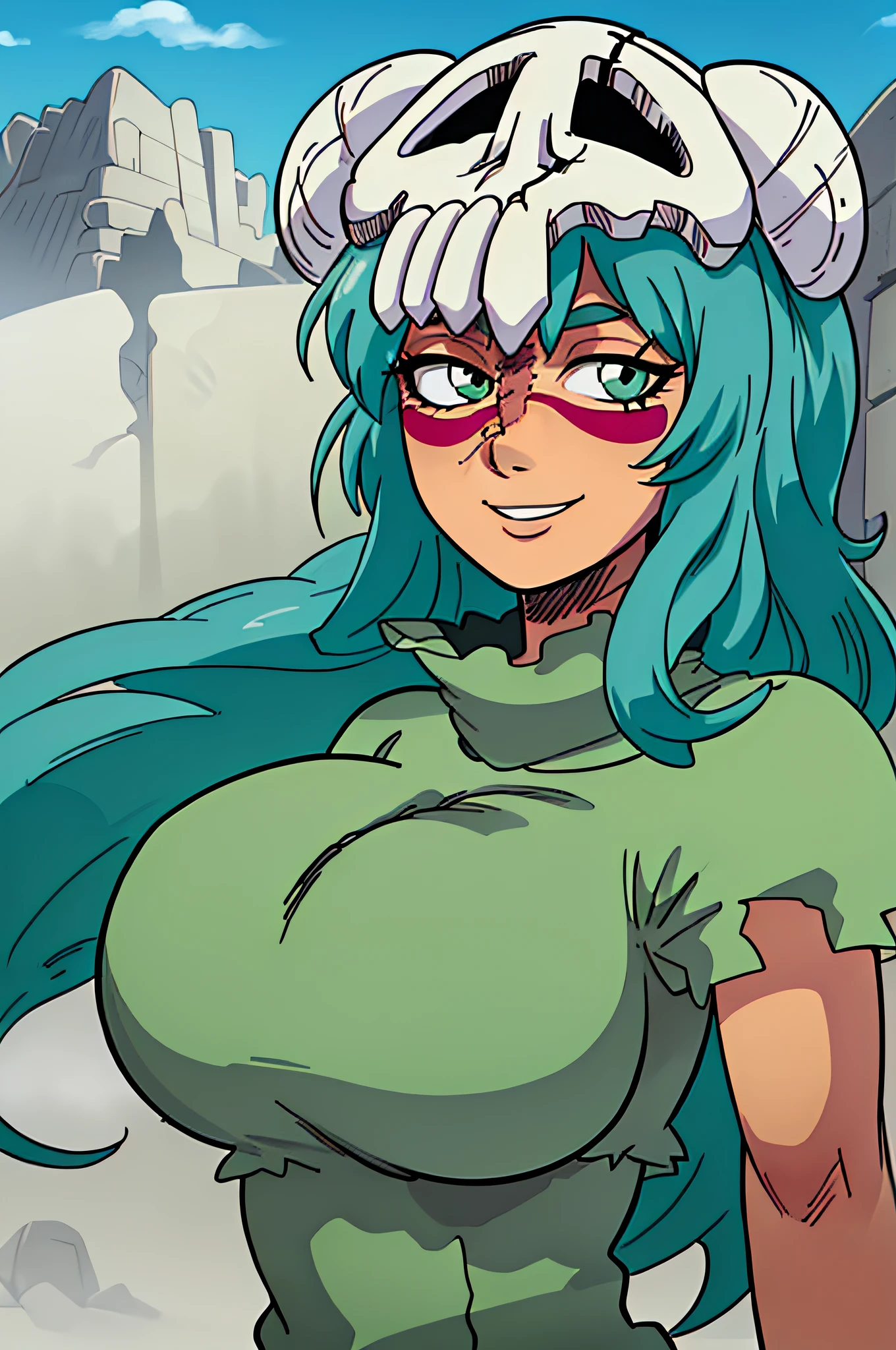 25 years, best quality, masterpiece, 1girl, cute, neliel, green eyes, green hair, (long green robe 1.4), facial mark, barefoot, long hair, young skull, short, flat chest, smile, Nelliel Tu Odelschwank,