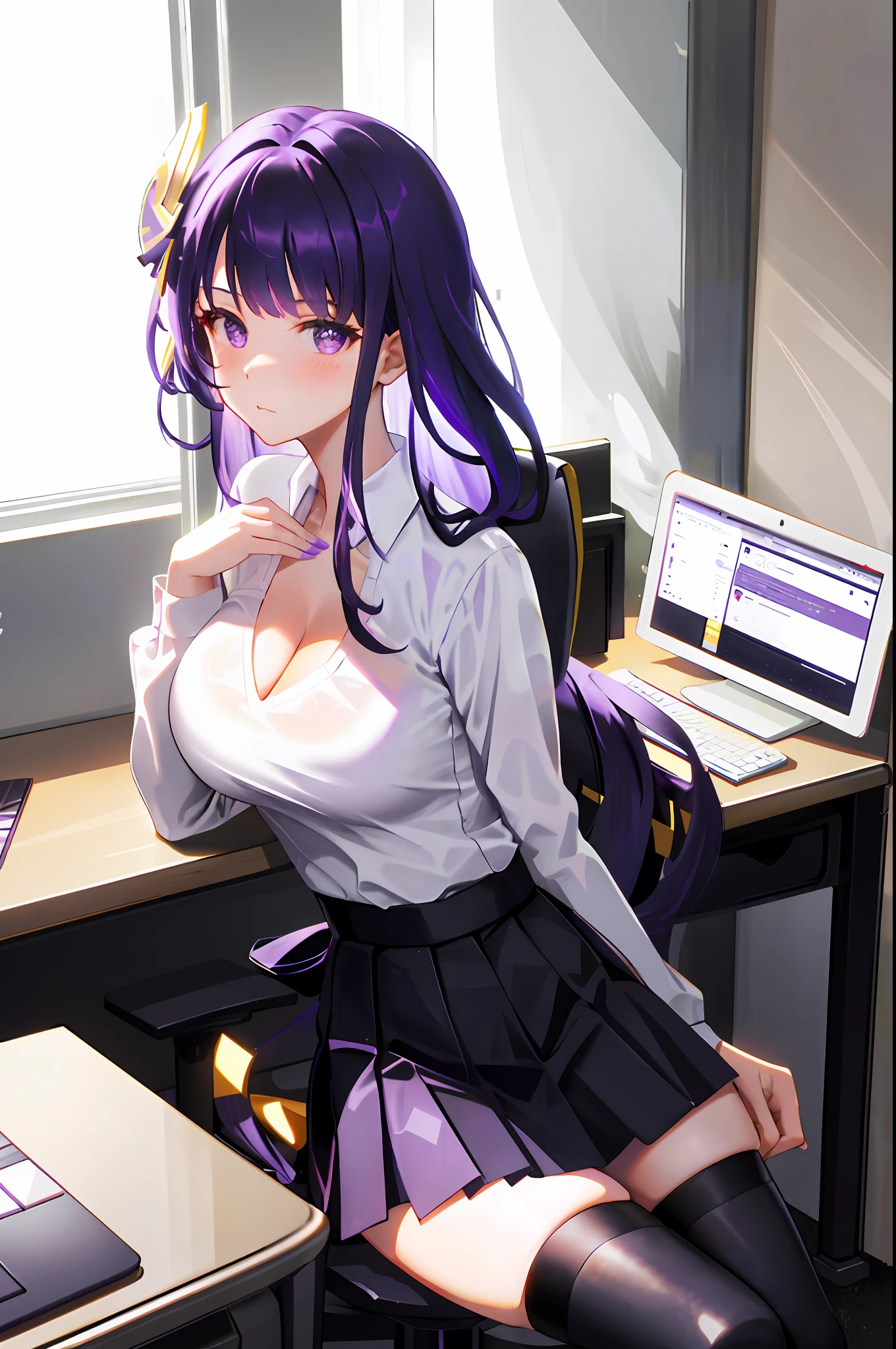 Raiden, 1girl, solo, ((white shirt)), black thighhighs, breasts, cleavage, uniform, office background, black skirt, pleated skirt, office, hair between eyes, golden hair ornament, large breasts, long hair, looking at viewer, purple hair, purple nails, purple eyes, solo, thighhighs, thighs, very long hair, ((masterpiece)), sitting, chair, desk, computer on desk, name tag, id tag, indoor, golden hair clip, blush, sexy pose,